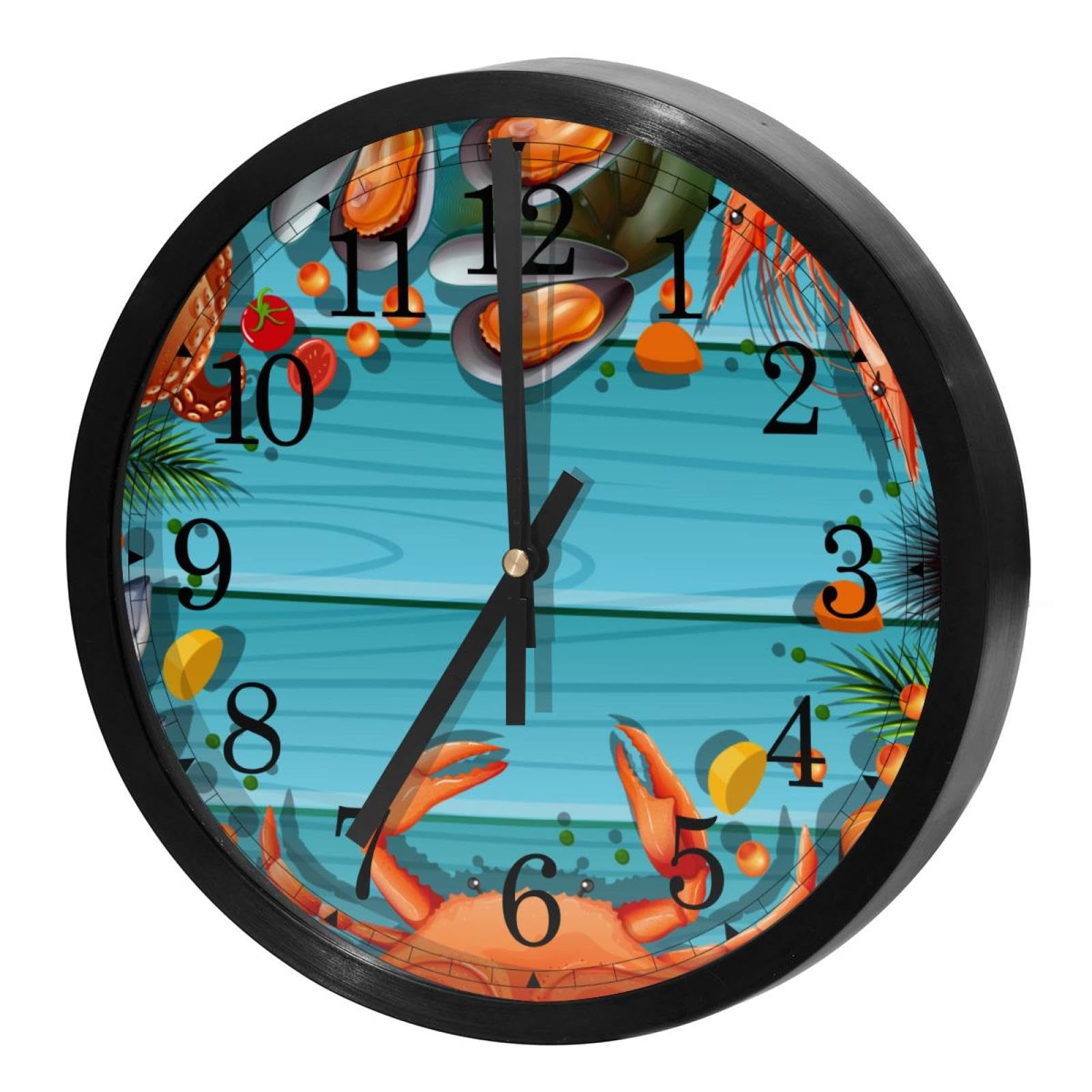 Horloge murale silencieuse à quartz bleu motif fruits de mer cuisine
