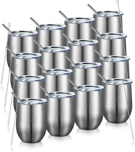 Miniatura 26 de COMOOO Vaso de vino de 12 onzas con tapa y popote, copa de vino de acero inoxidable, copa de vino de doble pared aislada al vacío para vino, Blanco