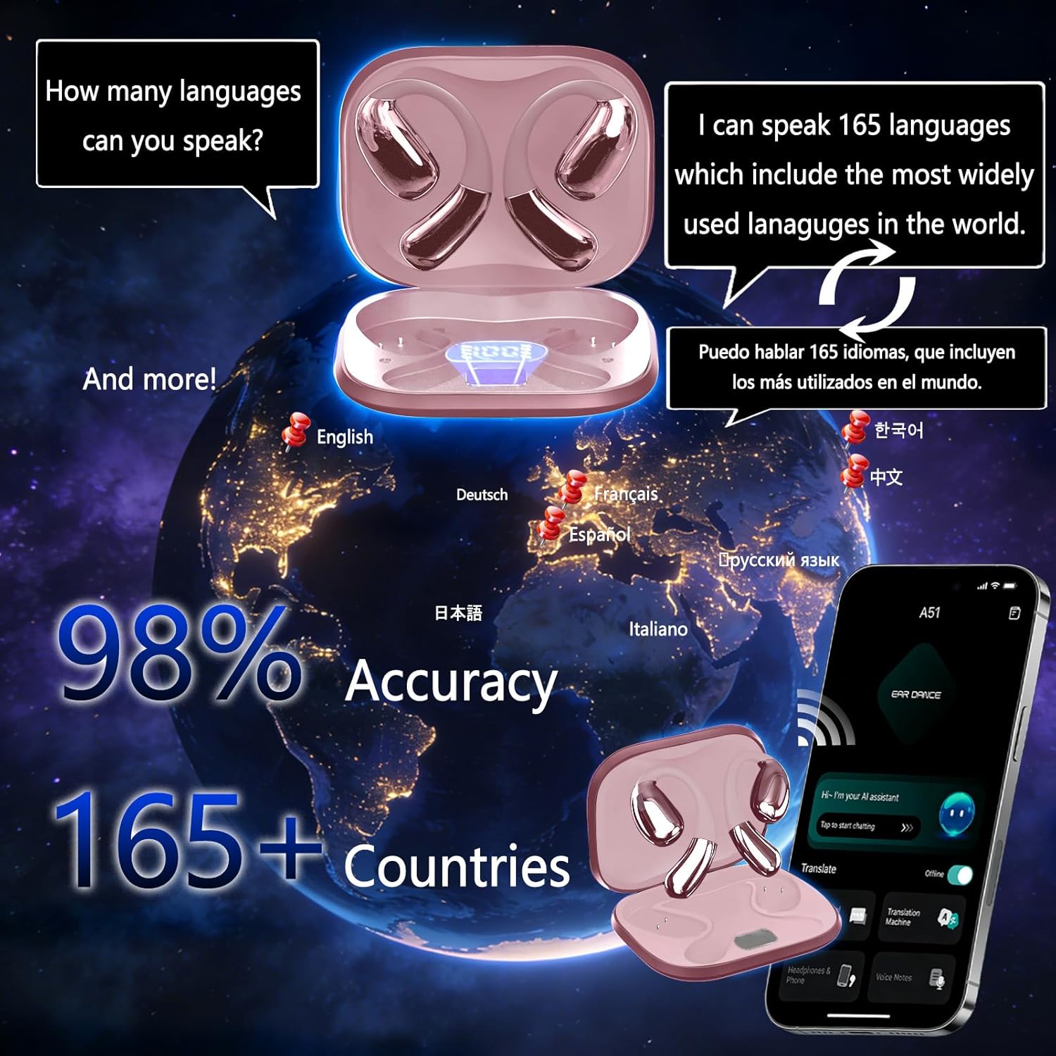 2026 AI Translator Headphones Bluetooth 6.0 Real-Time 165 Languages Inglés Español &más Audifonos Traductores with 13 Offline 80H Battery IPX5 Waterproof Earbuds Travel Business Learning iOS & Android