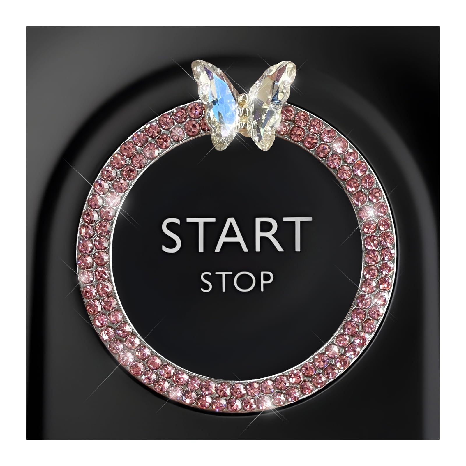 DXNQ Bling Ring Emblem, Sparkling Butterfly Car Buttons and Knobs Ring, Girly Butterfly Diamond Car Engine Start Button Cover, Key Ignition Knob Rings Decoration for Women (Pink, Double Row)