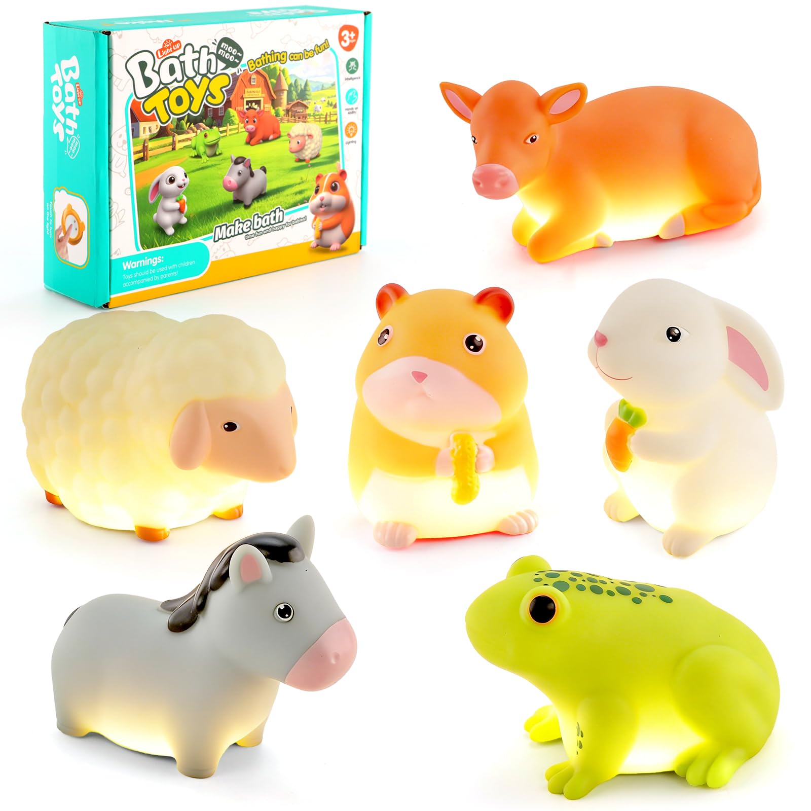 6 Pack Light Up Bath Toys for Babies Toddler Sensory Toys Farm Animals LED Baby Bath Toys Floating Colour Changing No Mould Waterproof Bath Lights