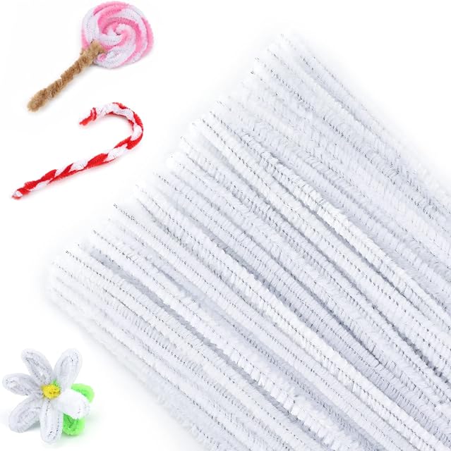 G2PLUS Pipe Cleaners Bendy White - 100 PCS Chenille Stem for Arts and Crafts - 6mm * 30cm Furry Wire Twist Tie in Assorted Colours
