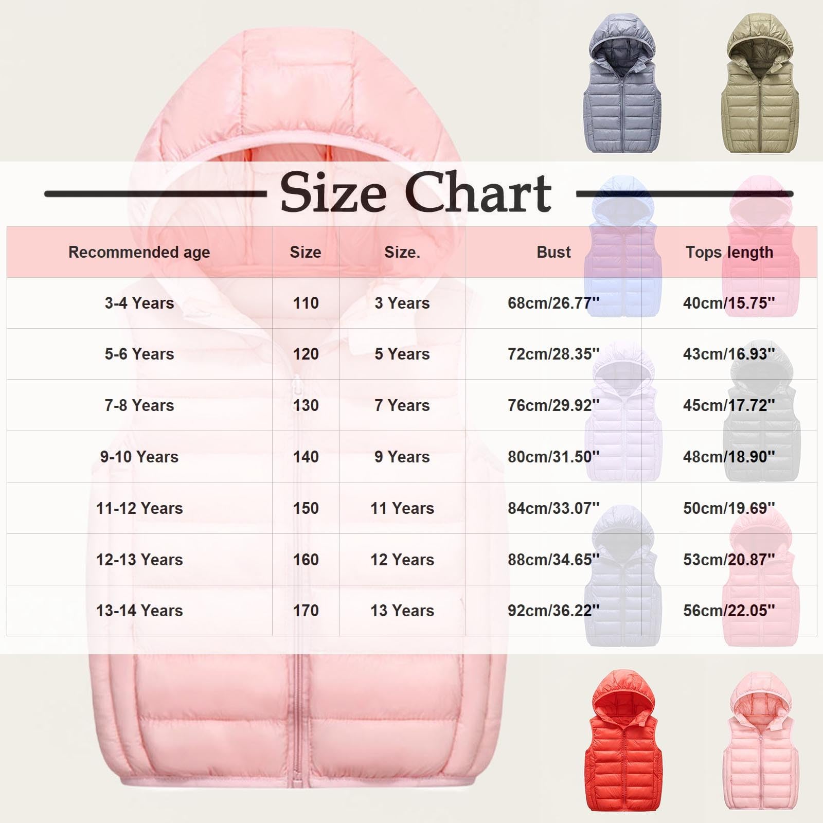 HAOLEI Chaleco Acolchado para Niños y Niñas,Ligero Chaqueta Acolchada con Capucha para Otoño e Invierno Abrigo Cálido Sin Mangas con Cremallera Térmico Cortavientos Resistente Al Viento 3-14 Años