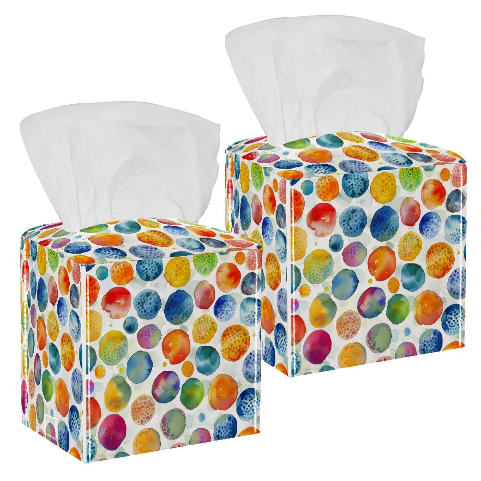 Circles Colorful Tissue Box Cover, 2 Pack PU Leather Square Facial Tissue Dispenser Box holder for Home Office Car