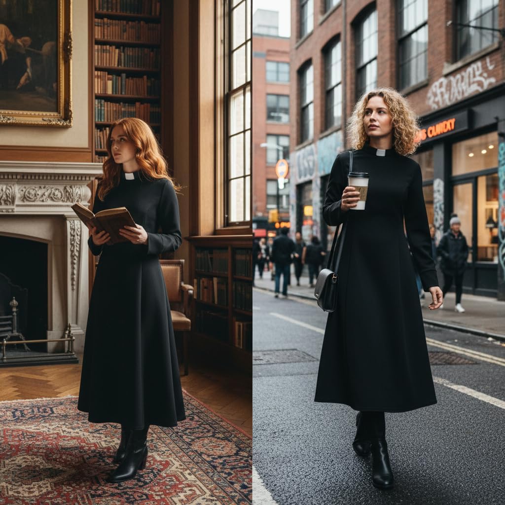 CAMDOM Church Clergy Dress for Women Minister Spring/Autumn Long Sleeve Loose Elegant Dress with Tab Insert Stand Collar