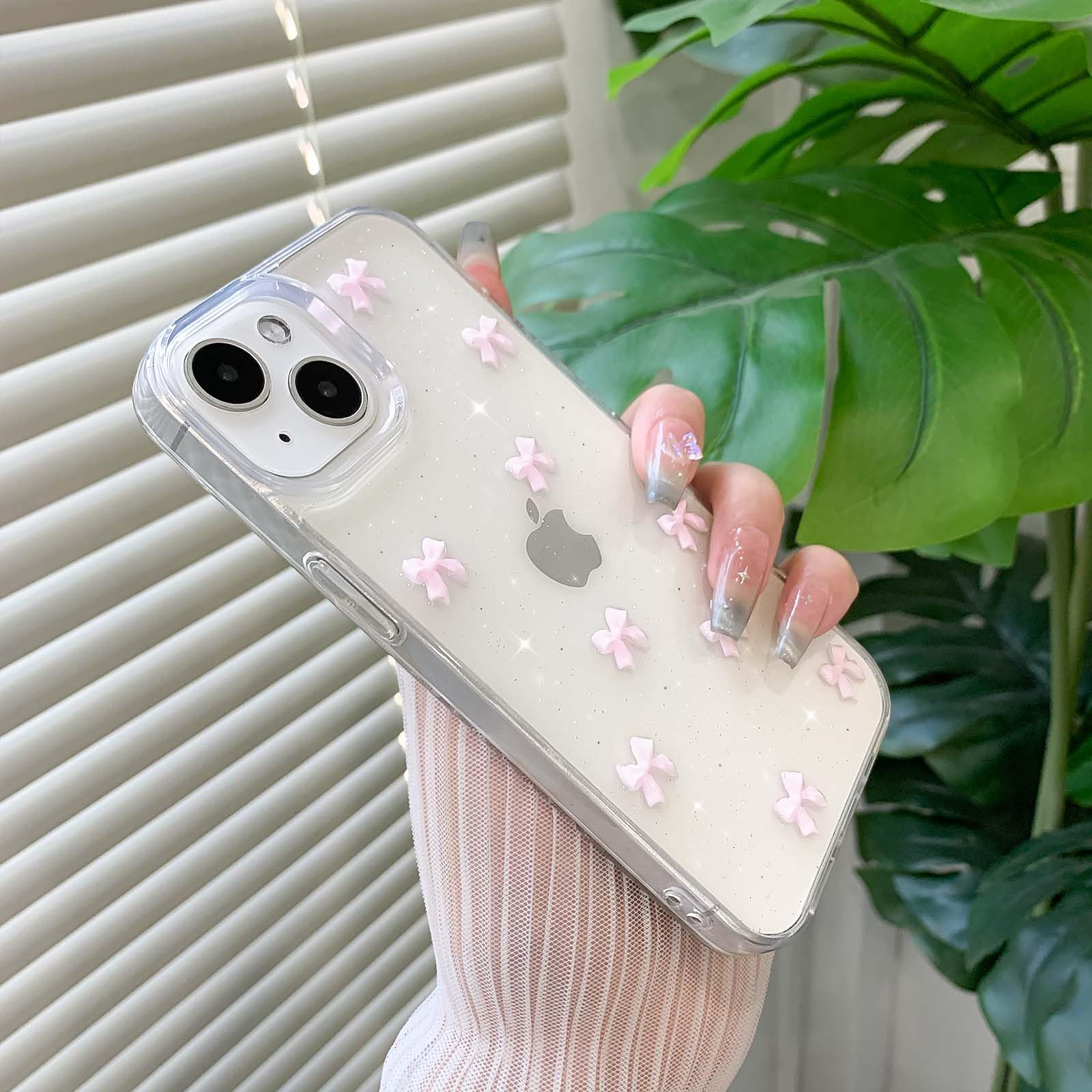 NITITOP Hoesje voor iPhone 13/14 / 15 Doorzichtig Schattige 3D Lint Strik Bling Glitter Telefoonhoesje voor Vrouwen en Meisjes Anti-geel Ultraslank Schokbestendig Hoes Cover - Roze