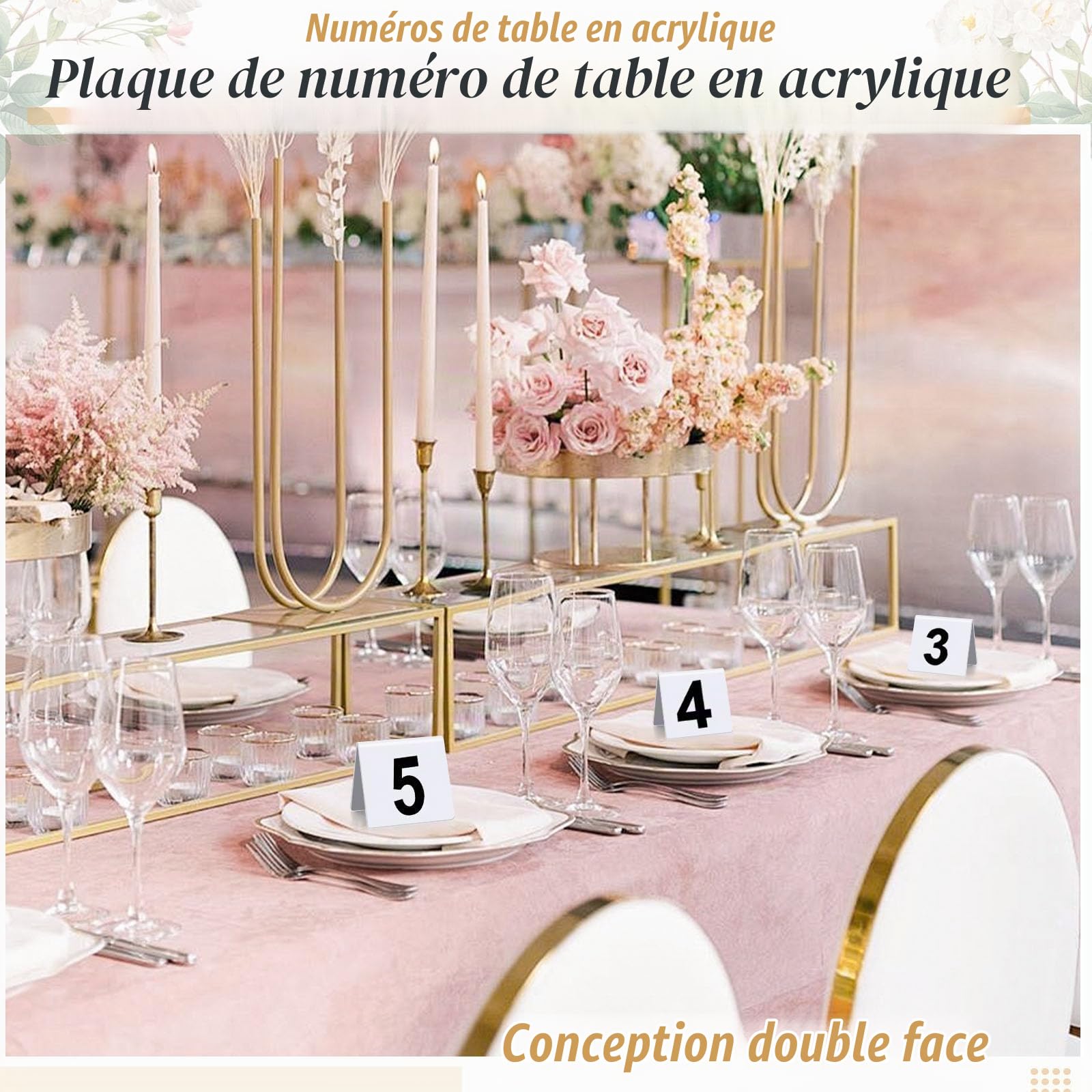 Lot de 50 numéros de table en acrylique, numéros de table numérotés double face pour restaurant, décoration de table de mariage (blanc)