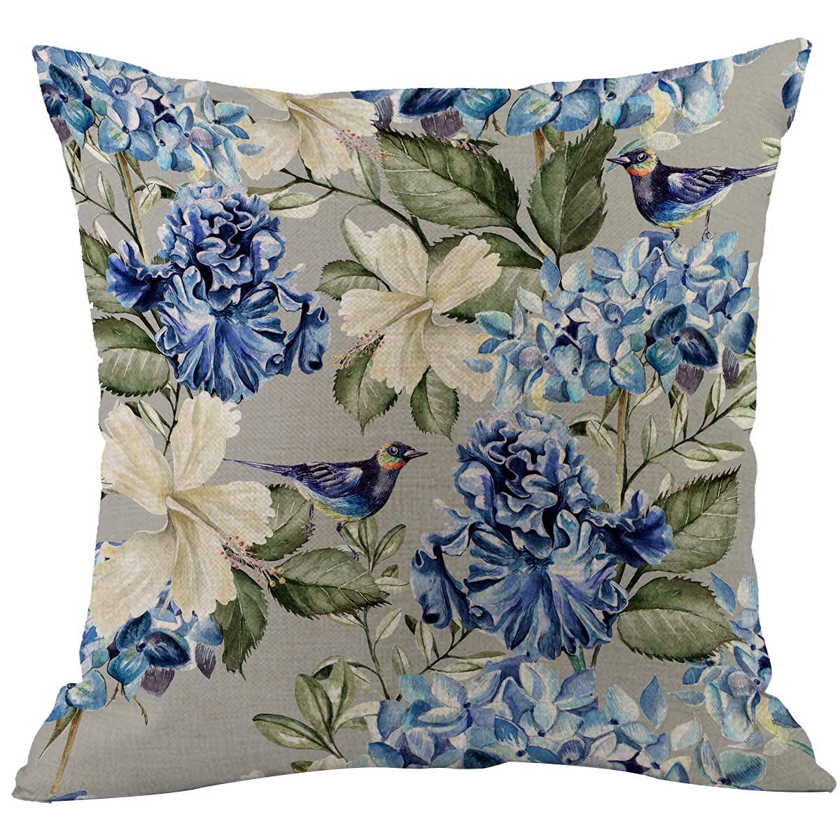 Cansego Multi-A53 Floral Throw Pillow Cover Spring Plant Blue White Flowers Hydrangea Hibiscus Iris Bird Green Leaf Pillowcases Home Decorative Cotton Linen Pillow Cushion For Sofa Chair 18X18 Inch