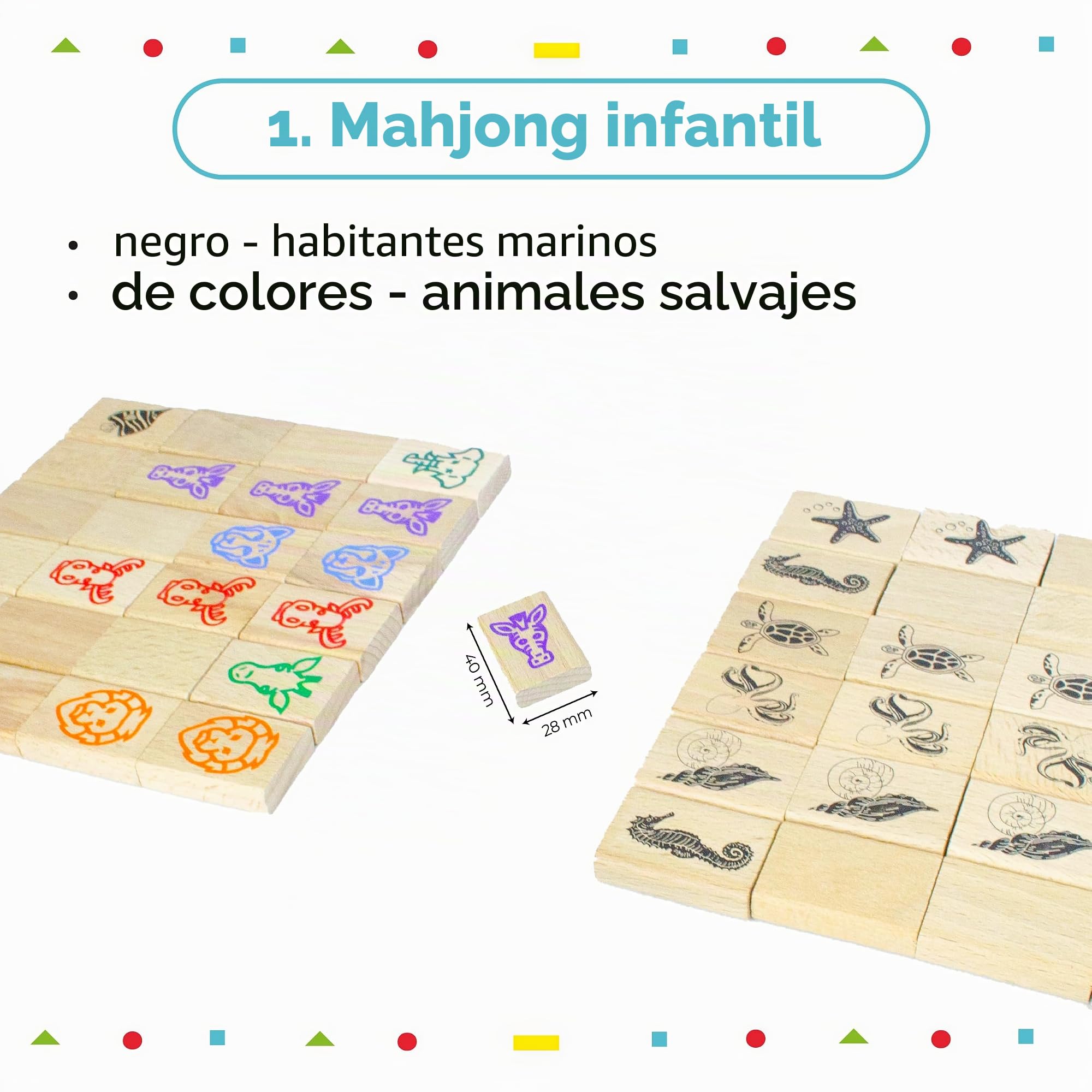 Mahjong de Madera Infantil – Juego Educativo de Criaturas Marinas y Animales Salvajes para Memoria, Lógica y Motricidad Fina