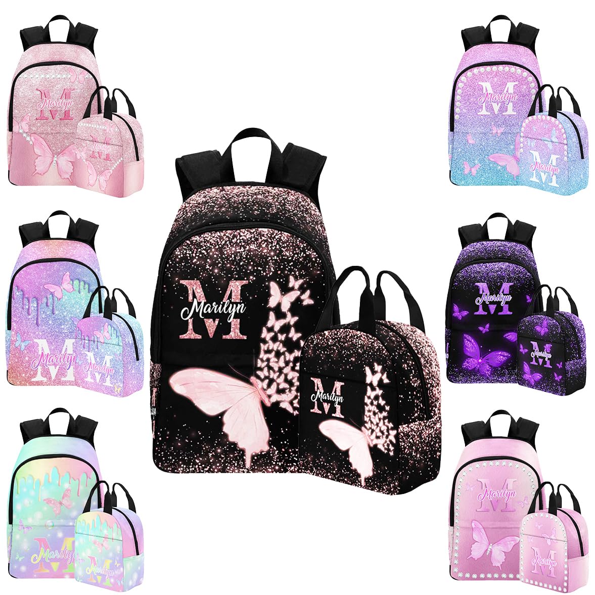 AOFUN Girls Backpack And Lunch Box Set, Personalized Backpack Customized Name Gift School Backpacks For Girls