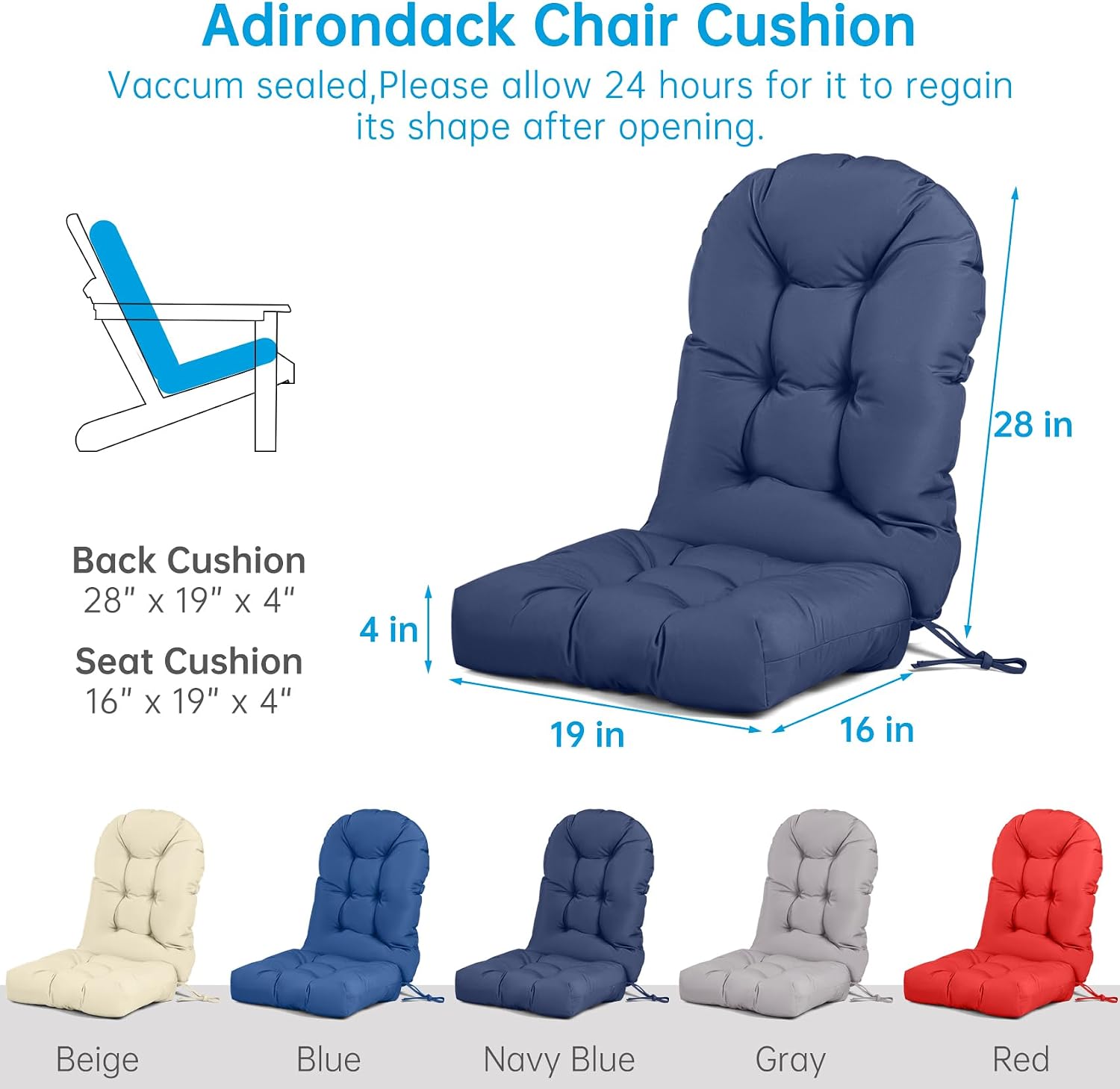Adirondack Chair Cushion Tufted Waterproof Outdoor Rocking Chair Cushions with Ties Anti-Slip High Back Patio Chair Cushions for Patio Furniture Cushions