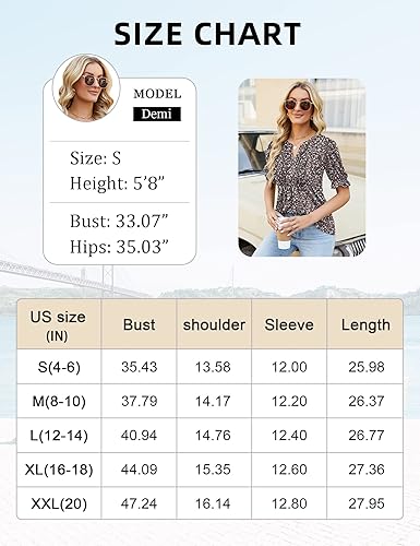 Miniatura 6 de Ivicoer Blusa de verano para mujer, manga cortalarga, plisada, cuello en V, floral, estilo túnica, elegante, informal, S-XXL