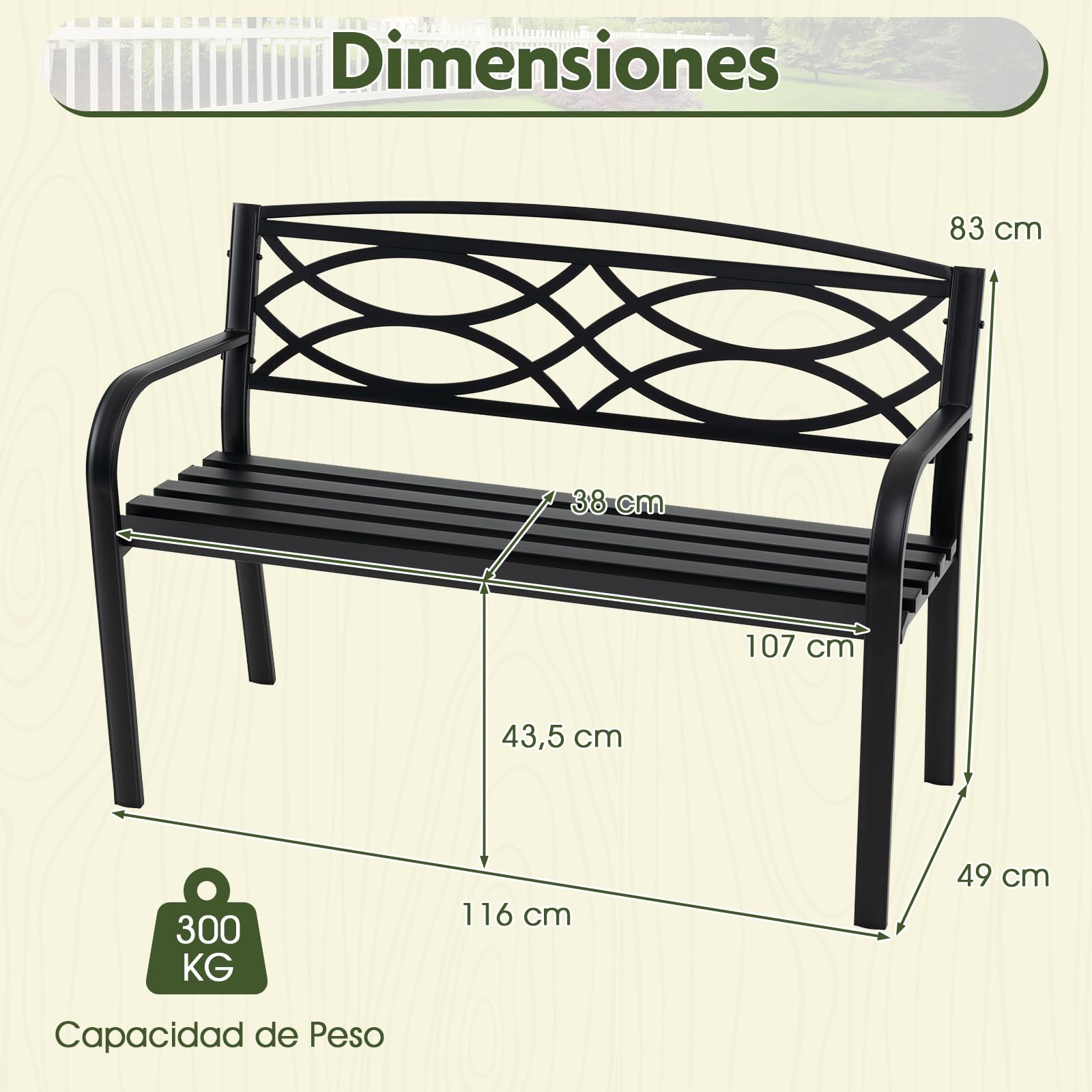 GOPLUS Banco de Jardín de Metal Resistente con Respaldo | Asiento con Listones y Reposabrazos Curvados para 2 Personas, Mueble de Exterior para Patio Trasero, Piscina, Porche y Parque