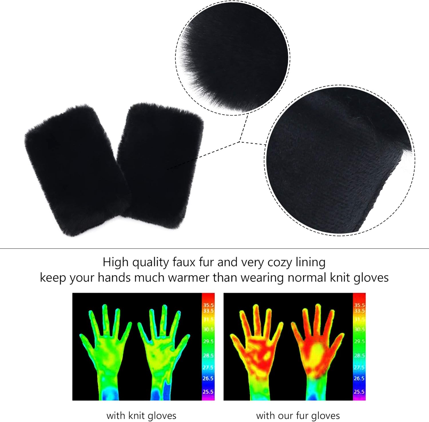LA CARRIE Women Fingerless Faux Fur Gloves Smooth Furry Soft Fuzzy Plush Winter Cold Warmer Cuffs Black White for Girls - Image 5