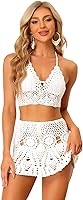 Vista 12 de Allegra K Conjunto de bikini de 2 piezas para mujer, top con huecos, minifalda, verano, playa, conjuntos de punto de ganchillo