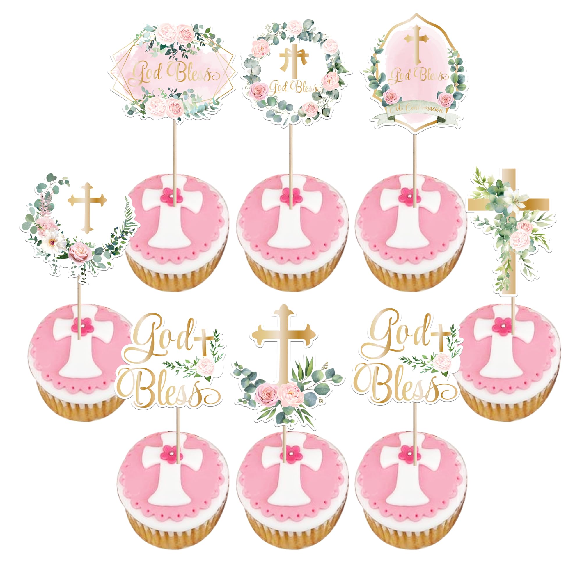ZHUOWEISM 10 PCS Acrylic Cross Cake Topper Christian Baptism God Bless Cake Pick for First Communion Theme Baby Shower Birthday Party Cake Decorations Supplies Gold — view 9