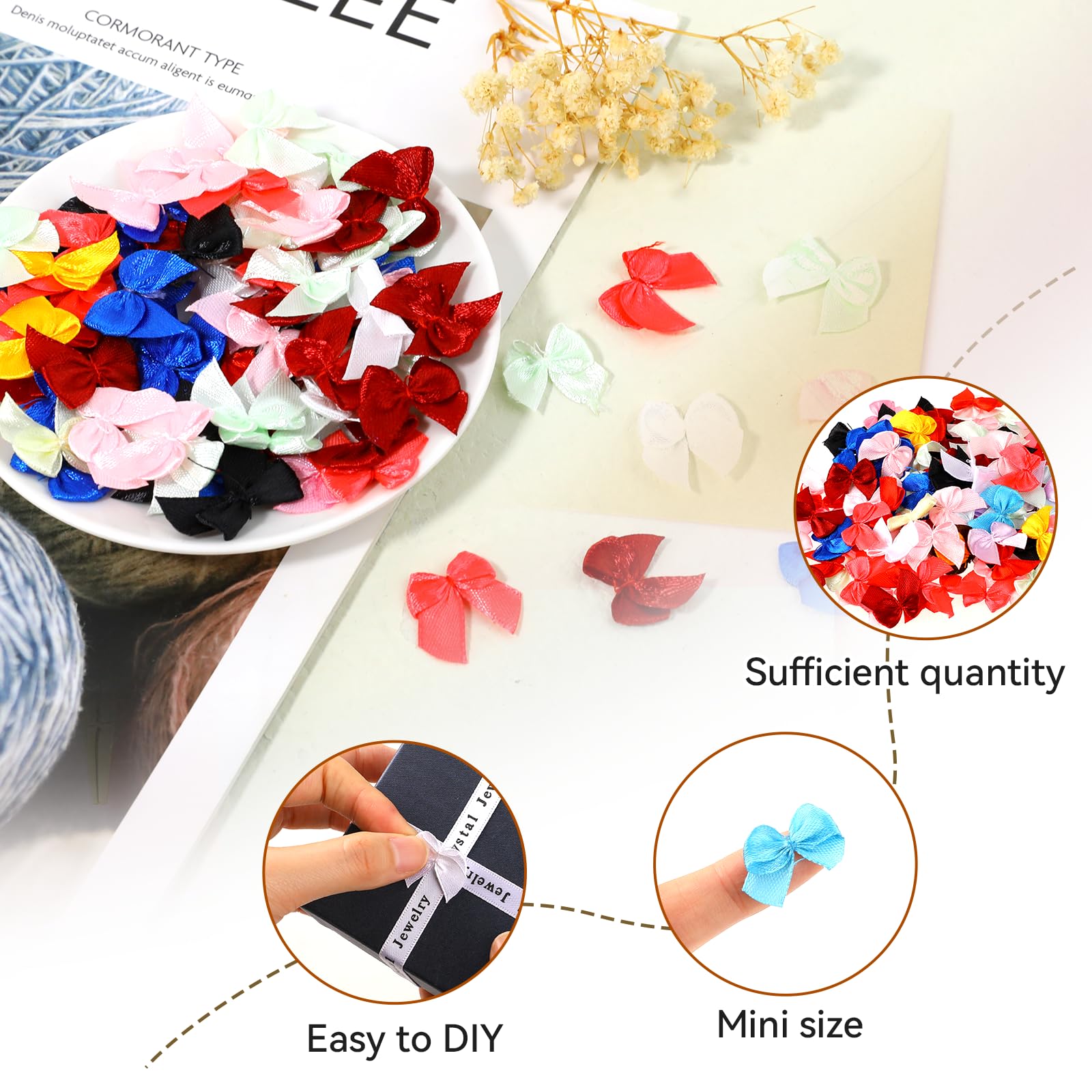 Mozeat Lens 200 Pcs Mini Bows for Crafts Satin Ribbon Bows Small Multicolor DIY Craft for Sewing Small Bow Crafts Decoration for Presents Flowers Appliques Bow Maker Hair Accessories for Wedding