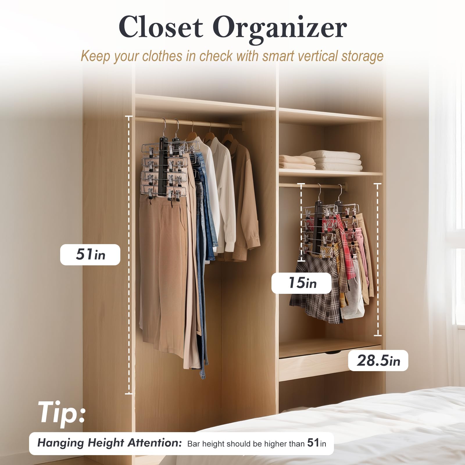 HOUSE DAY Rock-Kleiderbügel, platzsparend, zweireihig, 4-stöckig, rutschfeste Kleiderbügel mit Clips für Röcke, Shorts und Hosen, Lotusholz-Clip-Kleiderbügel für Damen, Schrank-Organizer und