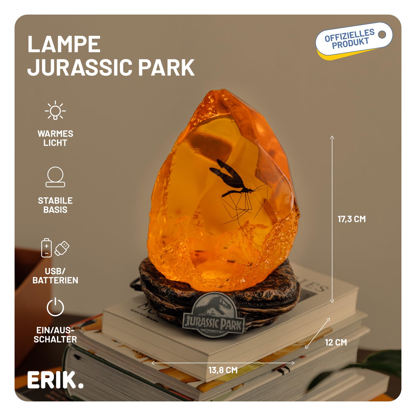 Jurassic Park Lampe mit USB-C Amber | Stimmungslicht Schreibtisch - Nachttischlampe Kinder und Erwachsene Zubehör Gaming Deko - Offizieller Jurassic World Merch