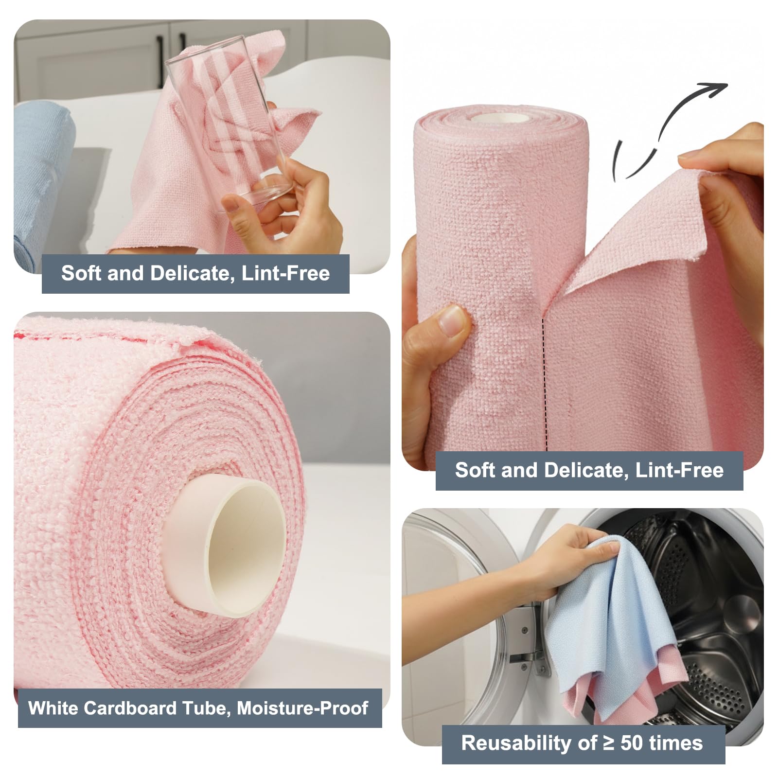 Romon Bayetas Microfibra, 60 Piezas Compacto Rollo de Paños Microfibras, 25x25cm Trapos Cocina Desprendible con Una Mano, Reutilizable hasta 50 Veces, para Cristales Hogar y Coche (Rosa, Cian, Azul) — view 7