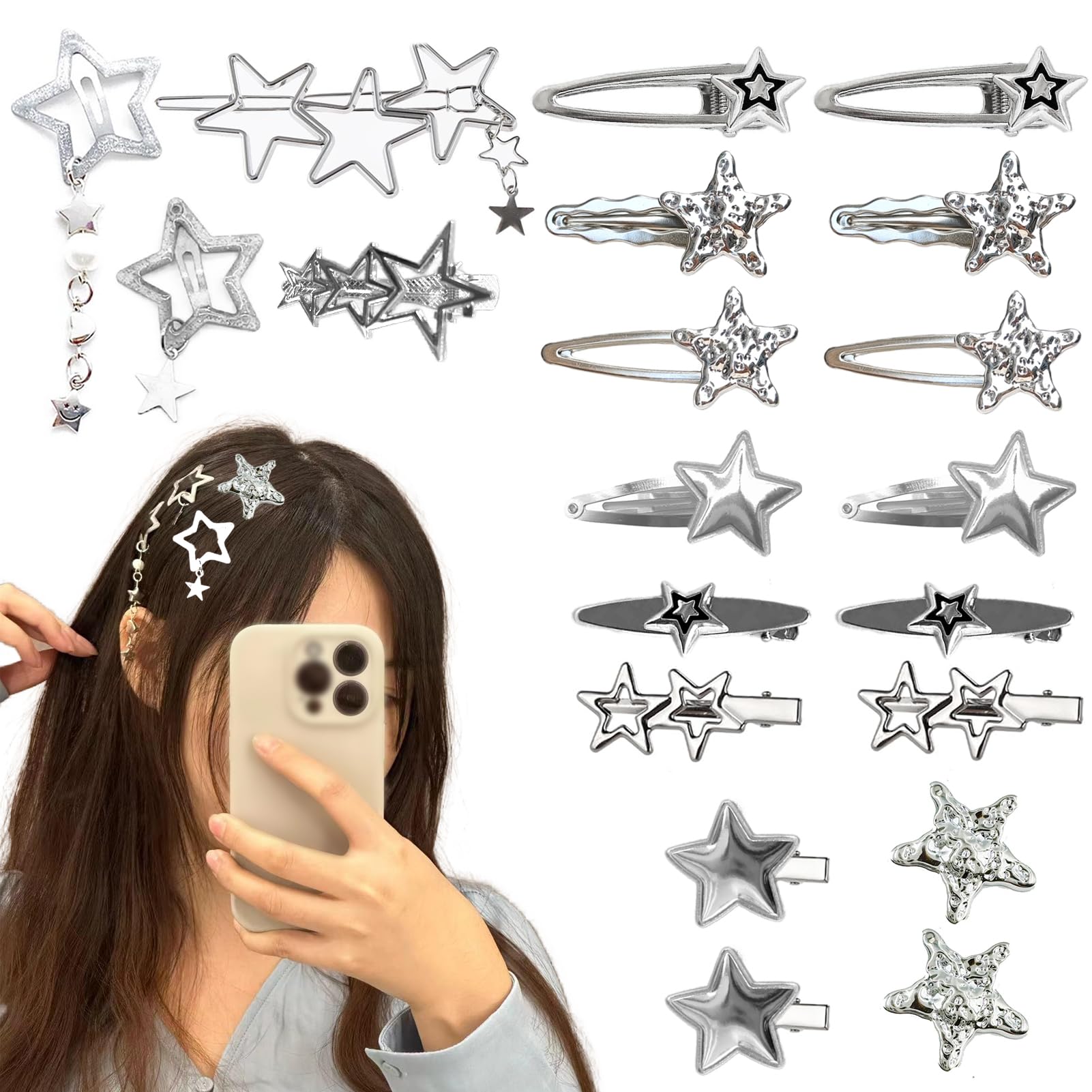 20pcs Silver Hair Clips for Women,Y2K Star Hair Clips,Metal Barrettes 12 Shapes Pentagram Bobby Pin for Girls Styling Star Hairpin Cool Hairpin Set