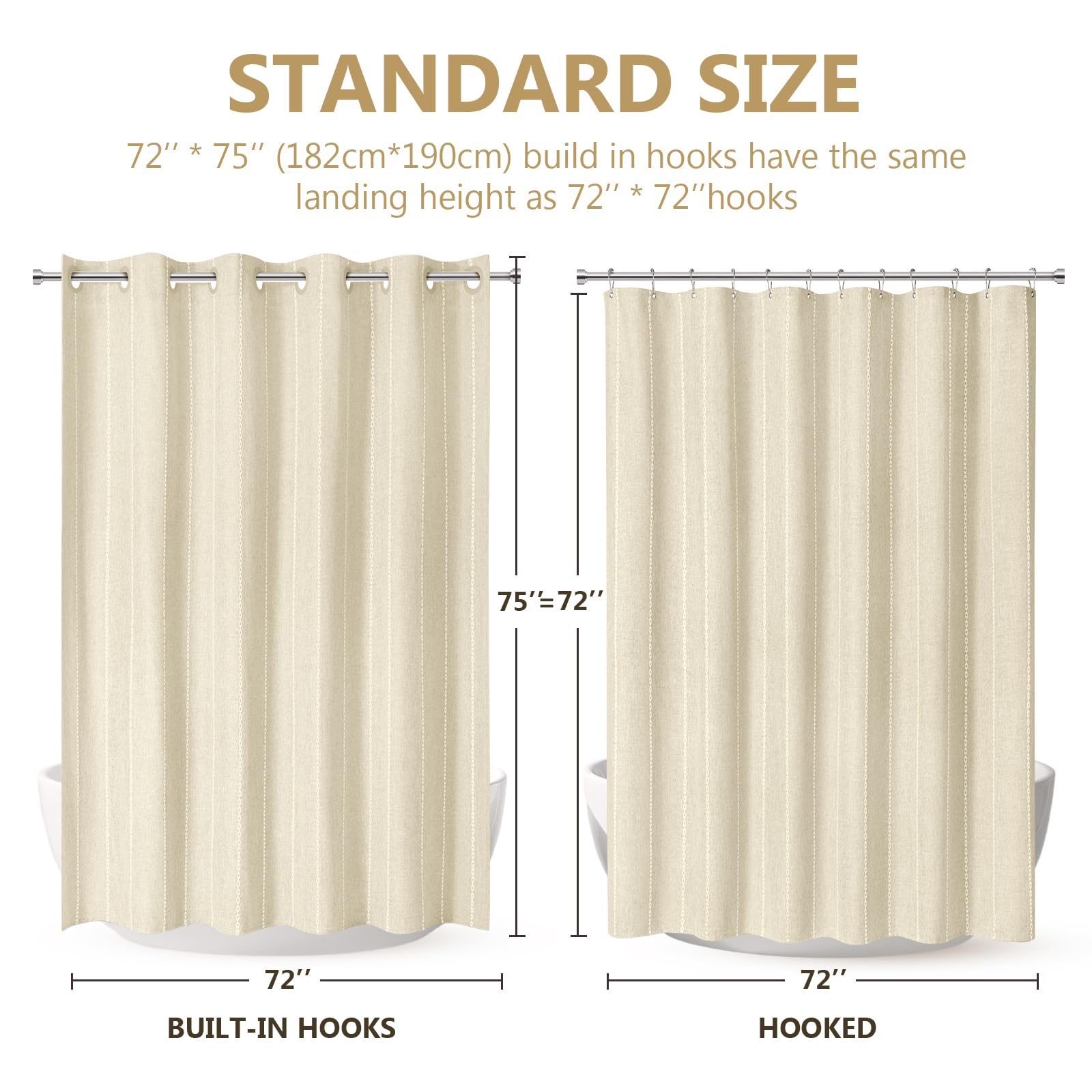 VANZAVANZU Rideau de douche bohème, sans crochets, beige, tissu polyester et lin à rayures avec revêtement imperméable pour salle de bain, style campagnard rustique shabby chic, rideau de douche