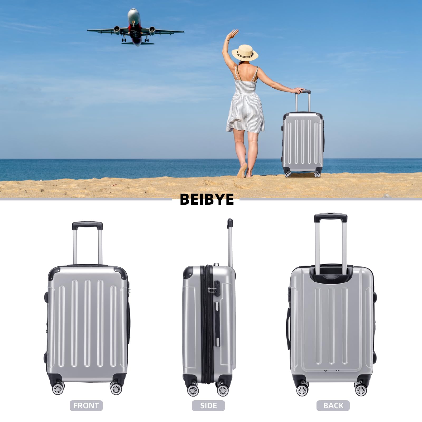 BEIBYE Zwillingsrollen 2048 Hartschale Trolley Koffer Reisekoffer Gepäck M-L-XL-Set Silber XL