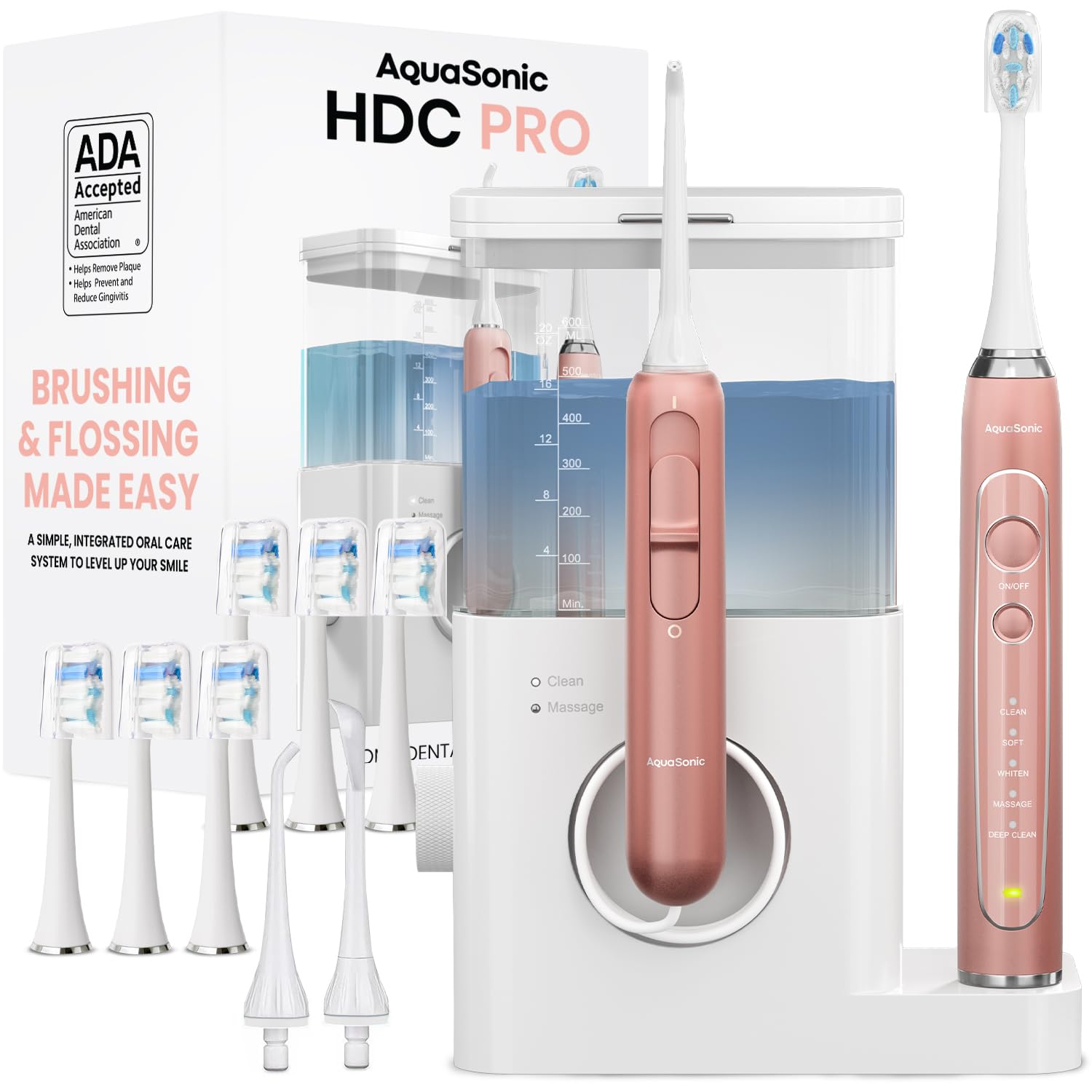 AquaSonic Home Dental Center PRO Brushing Flossing Made Easy Brush Floss Power Toothbrush Water Flosser Whiter Teeth Healthier