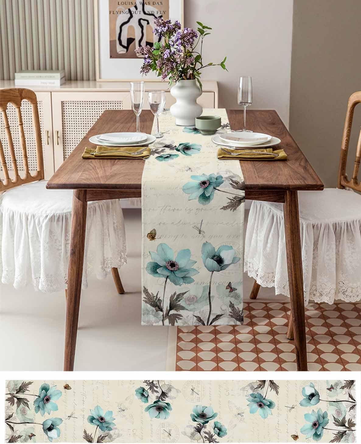 Seven Roses Spring Floral Table Runner 72 Inches Long Farmhouse Dress Scarves, Teal Tulip Vintage Summer Flower Botanical Dining Tablerunner for Coffee Table/Kitchen Island/Party Décor, 18" x 72"