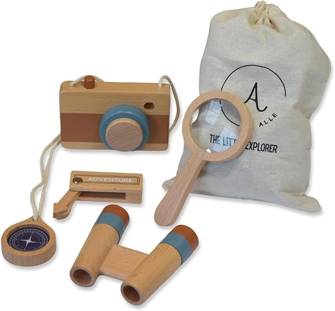 Kids Explorer Kit With Magnifying Glass - Nature and Wooden Pretend Play Set, Montessori Outdoor Toy With Camera, Toddler Binoculars - Baby Camping and Adventure Toys