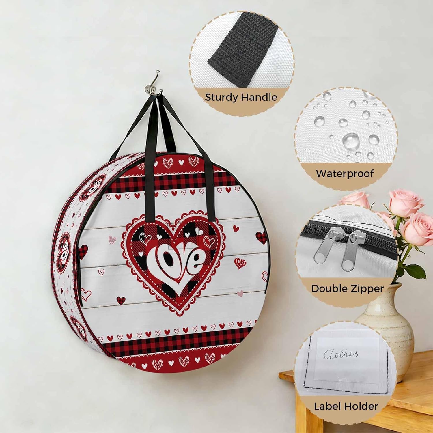 Valentine's Day Round Storage Bag 36 Inch, Buffalo Plaid Love Heart Wood Grain Clothes Storage Container with Handles Heavy Duty Organizer for Comforter, Bedding & Holiday Wreaths