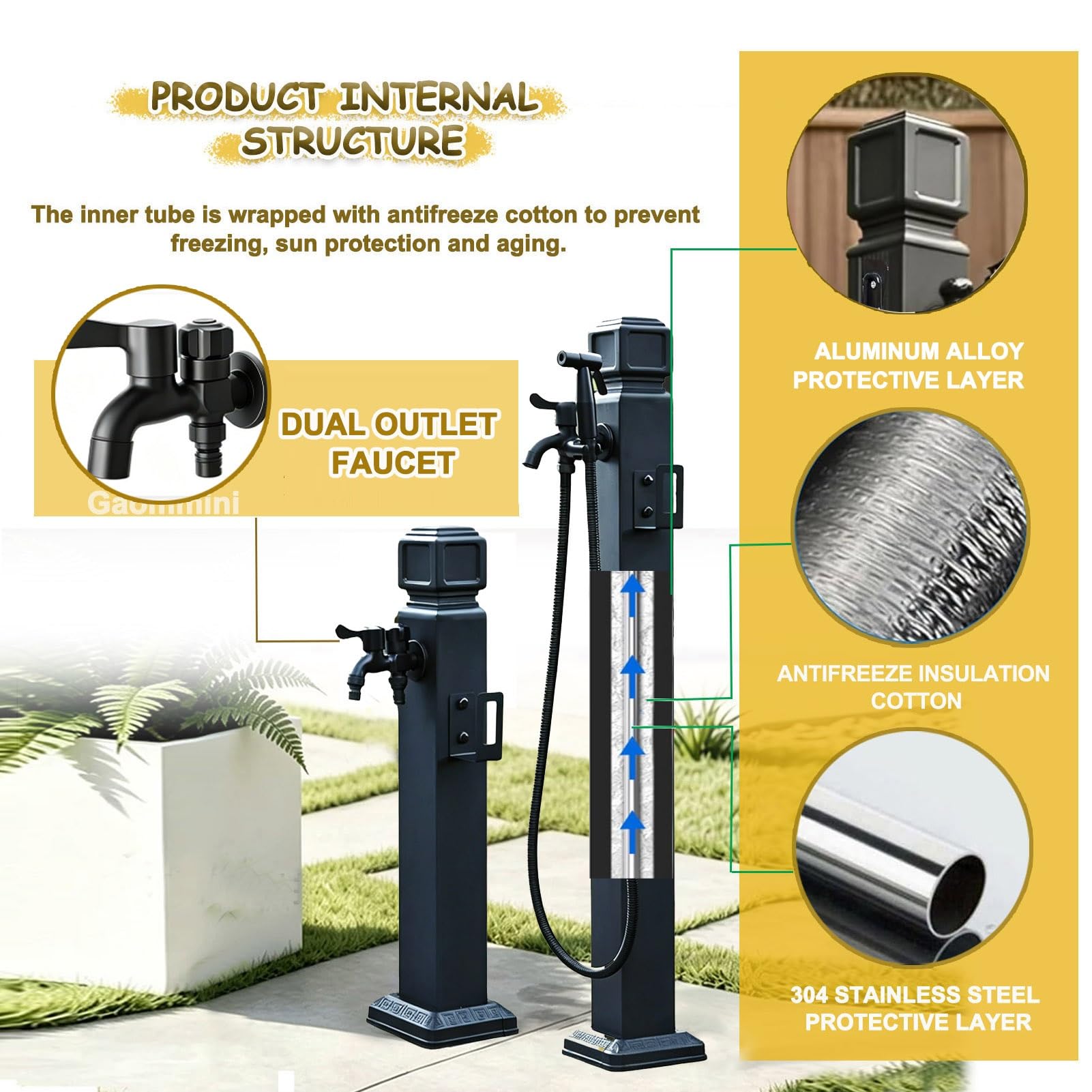Columna de agua montada en el suelo, soporte para manguera de acero inoxidable con espiga, grifo de jardín para patio, césped, hidrante de jardín