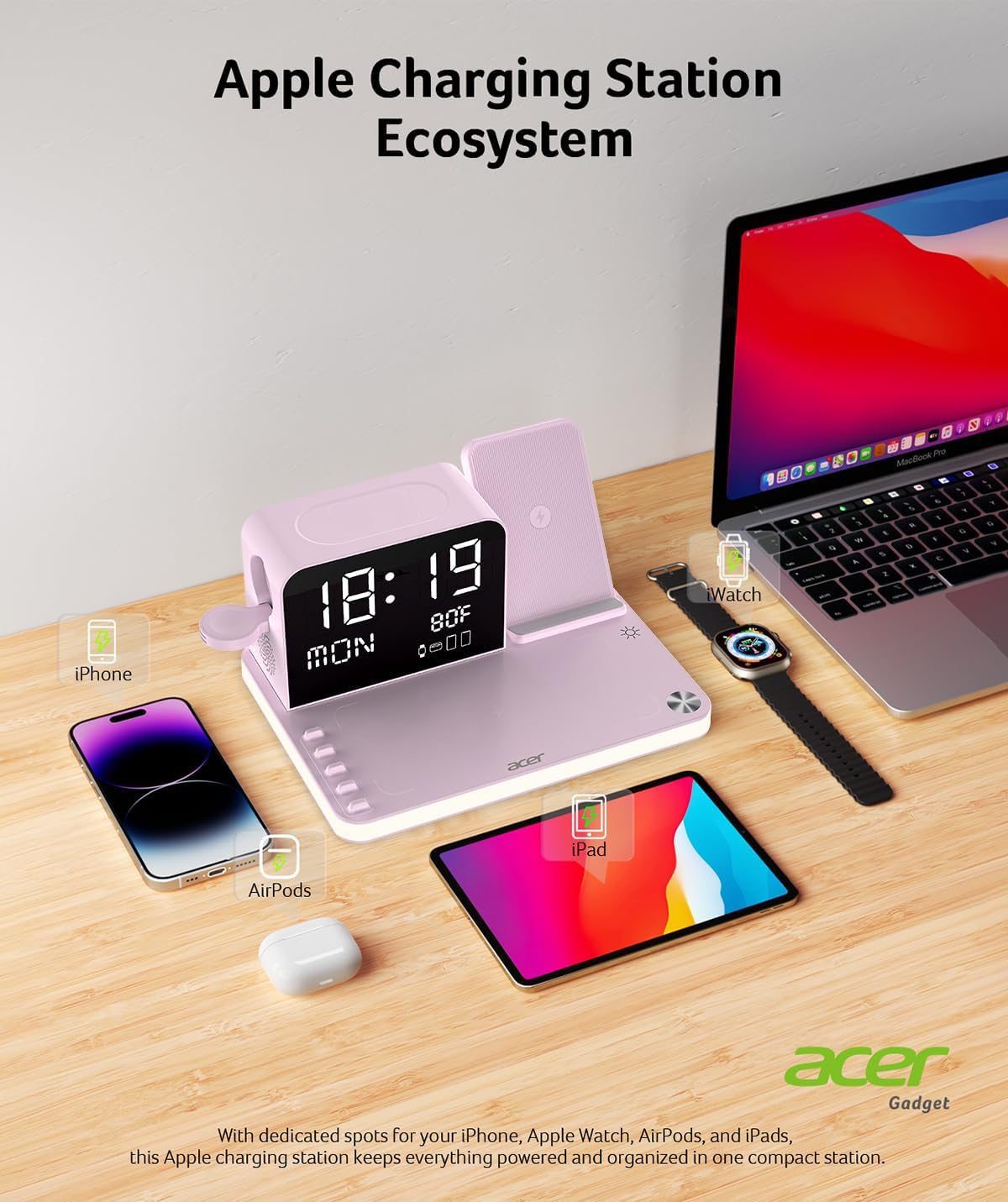 Acer 7-in-1 Wireless Charging Station with LED Clock - 30W Fast Wireless Charger for iPhone 16/15/14/13/12/Pro Max, Apple Watch, AirPods - Bluetooth Auto Time Sync & Night Lights (Purple) 4 7118LeowMML. AC SL1431