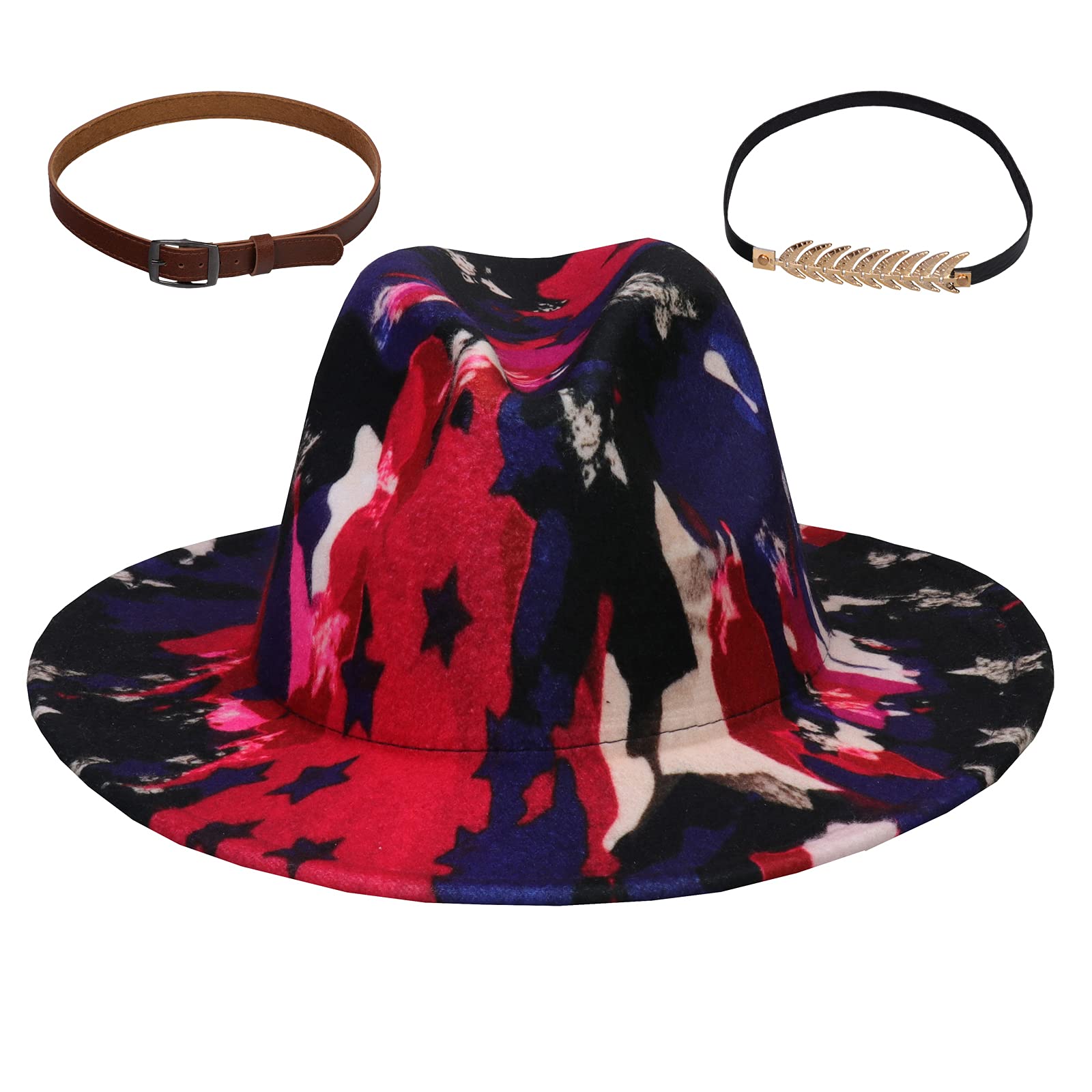 JK HomeJK Home Fedora Hats with 2pcs Removable Belt Buckle - Wide Brim Wool Felt Panama Hat Soft Warm Jazz Cap for Unisex Men Women Digital Black