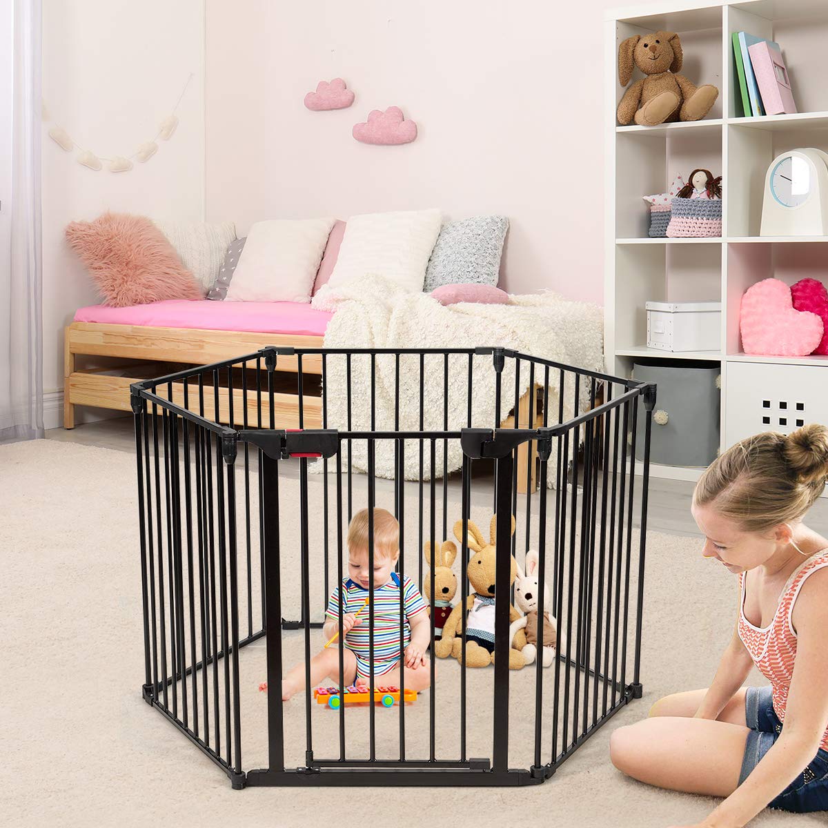 LIFEZEAL Rejilla de Seguridad Plegable para Chimeneas, Barrera Metálica de Seguridad para Niños, Rejilla Infantil de Protección para Puertas y Escaleras (6 Paneles, Negro)