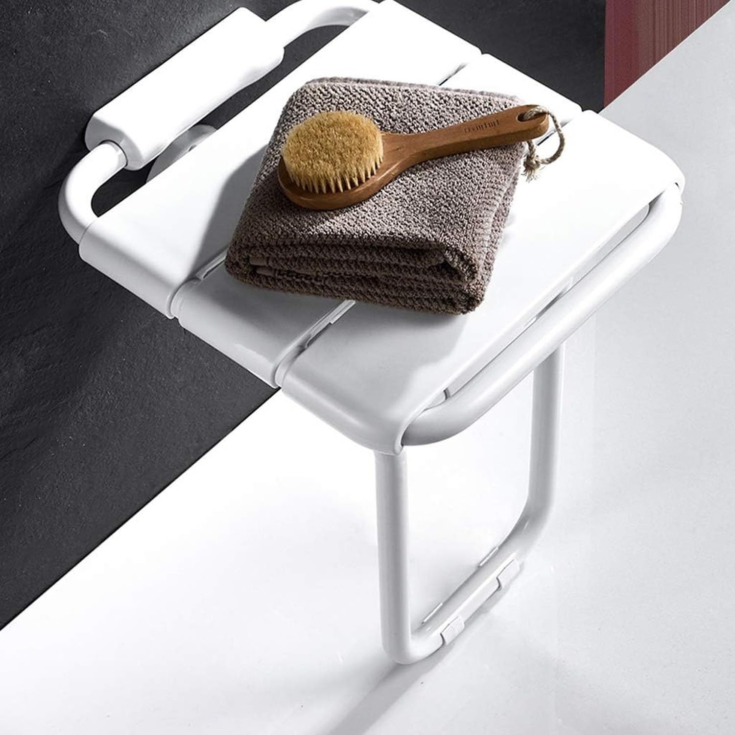 Banco de Ducha Abatible Pared, Asiento de Bañera Plegable con Patas de Apoyo Antideslizante para Seguridad de Ancianos, Discapacitados y Mujeres Embarazadas en