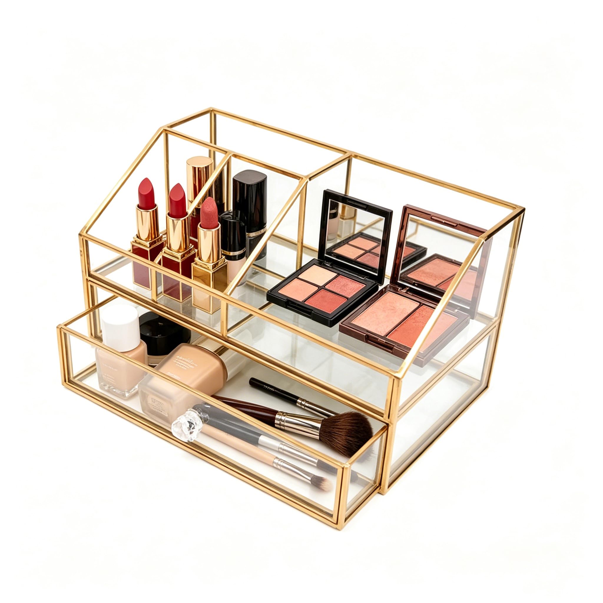 Cosmetics Storage Display Case,Lipstick Organizer,Clear Glass & Brass Metal Cosmetic Organizer,Glass Makeup Organizer for Countertop Bathroom Dresser