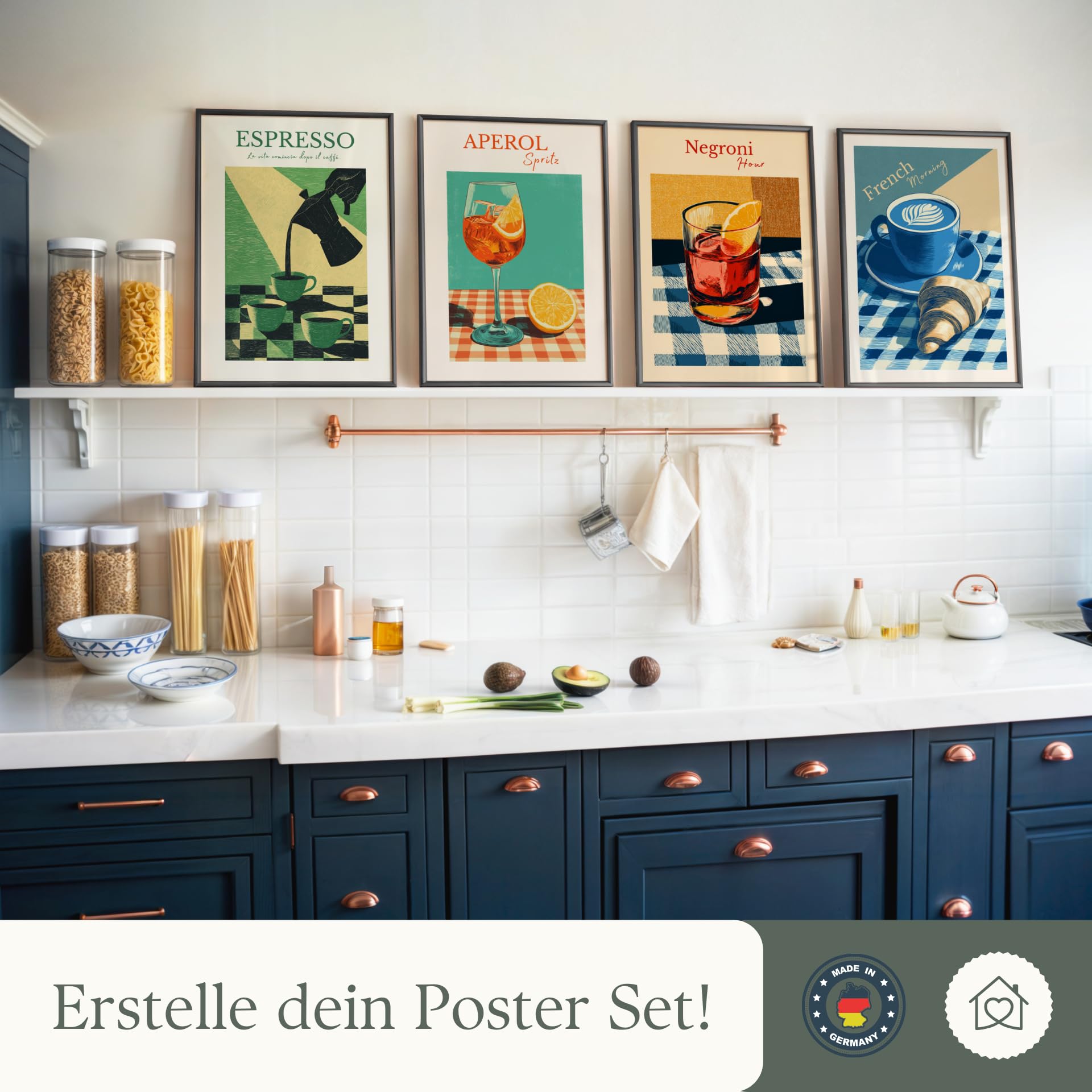 MJ-GRAPHICS® Kaffee Poster French Morning Küche Wandbild Retro Deko mit Croissant – Französisches Frühstücksposter für Frühstücksecke oder Esszimmer – A2 Poster mit Rahmen Holz Braun