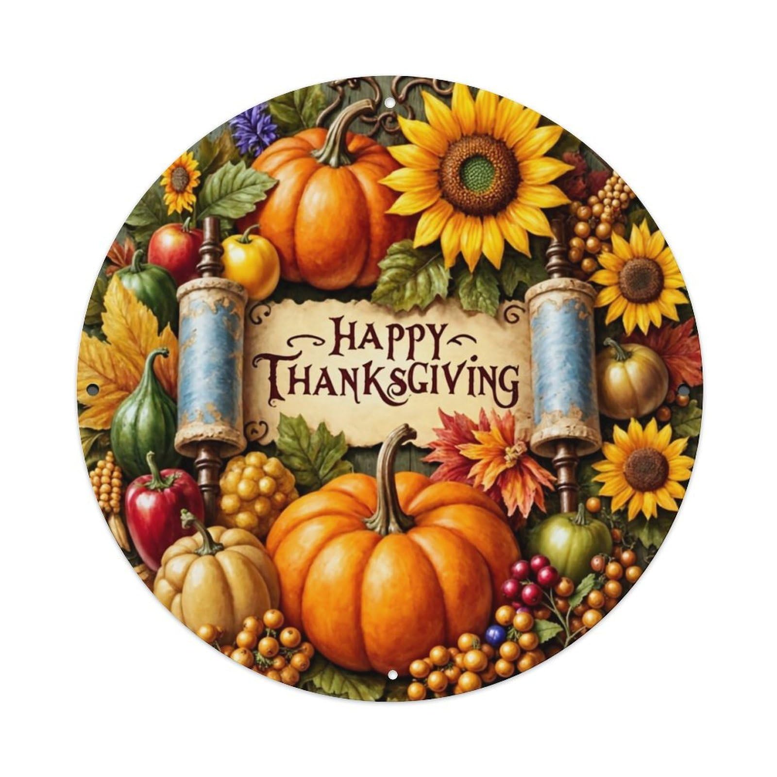 Jdyaojiesheng Vintage Happy Thanksgiving Autumn Harvest Pumpkins Round Tin Sign Retro Metal Wall Decor Metal Poster, Home Bar Garage Farmhouse Cafe Wall Art Decoration 8X8inch