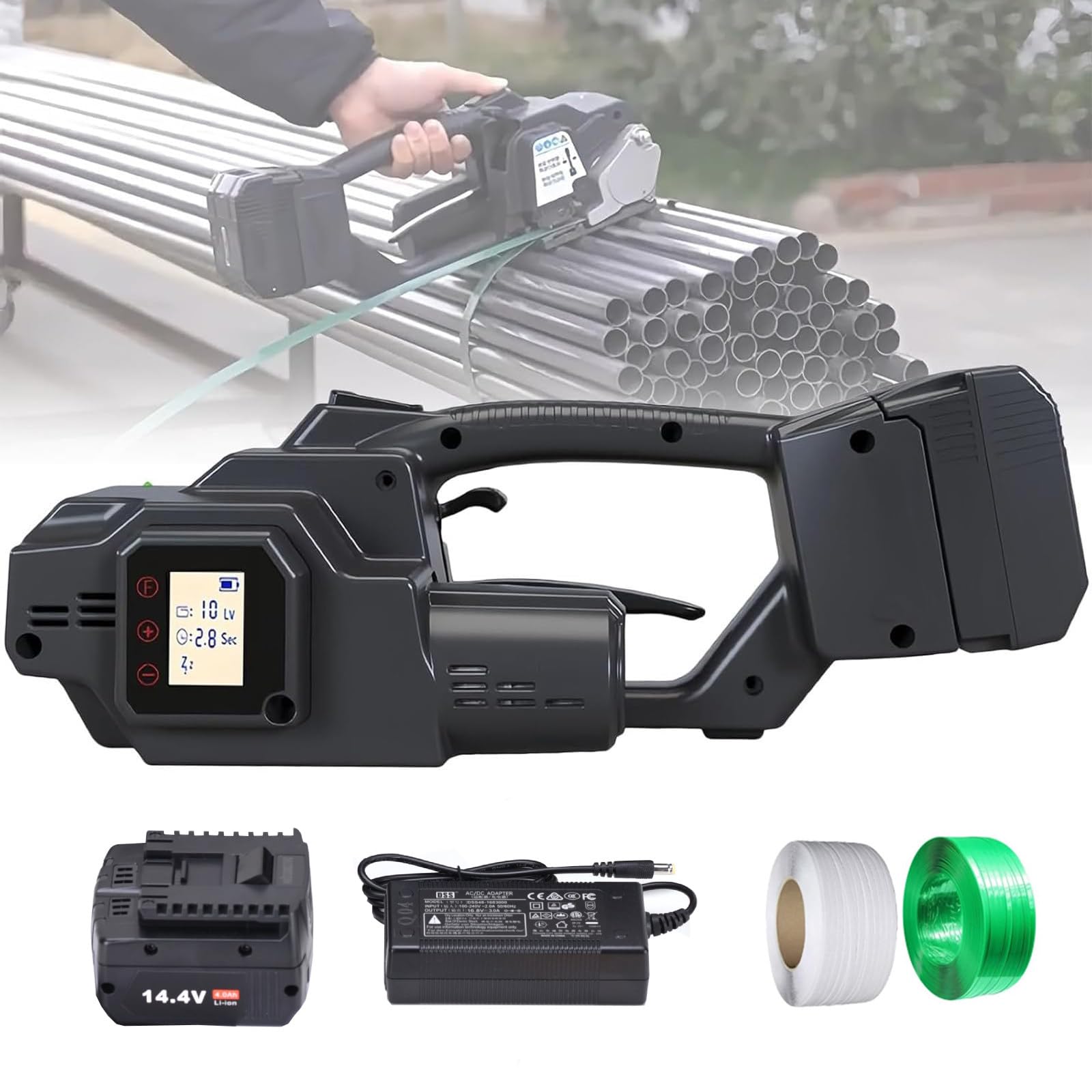 ZHZWwansuGE Handheld Electric Strapping Tool, 3500N Strapping Machine, Welds/Tensions/Cuts, With Digital Display, 10 Adjustable Tension Levels, Compatible With 7–19mm PP/PET Strapping