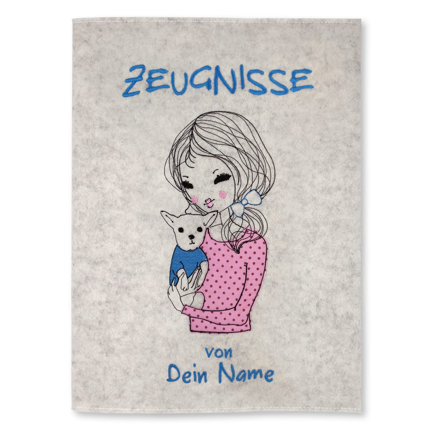 Zeugnismappe Mädchen mit Hund weiß personalisiert mit Namen 100% Wollfilzumschlag und Sichtbuch DIN A4 mit 20 Hüllen