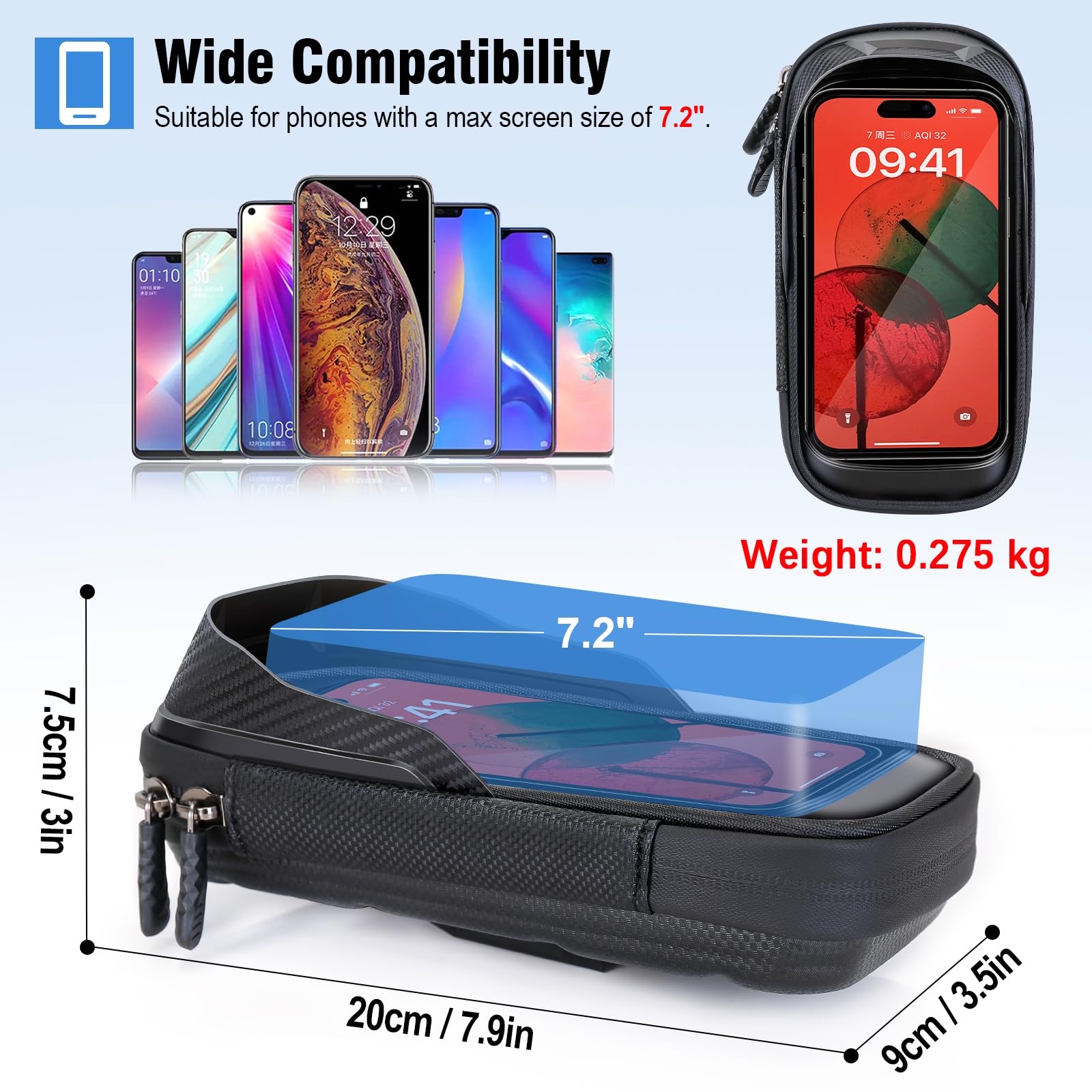Porta Cellulare Moto Impermeabile, Porta Telefono Motocicletta con 360 Gradi Rotabile Supporto Cellulare Scooter Specchietto con Touch ID per Smartphone da 4,0-7,2 Pollici (Nero)