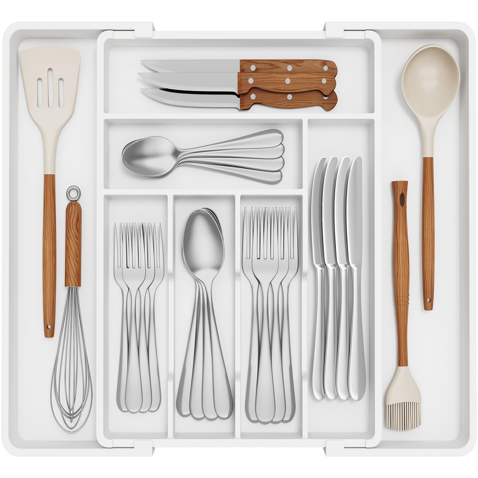 Lifewit Portaposate da Cassetto Espandibile, Larghezza 33-57 cm, Organizer Utensili per Cucina Salvaspazio, Accessori Cucina per Cucchiai, Forchette, Profondità 42,4 cm, Bianco