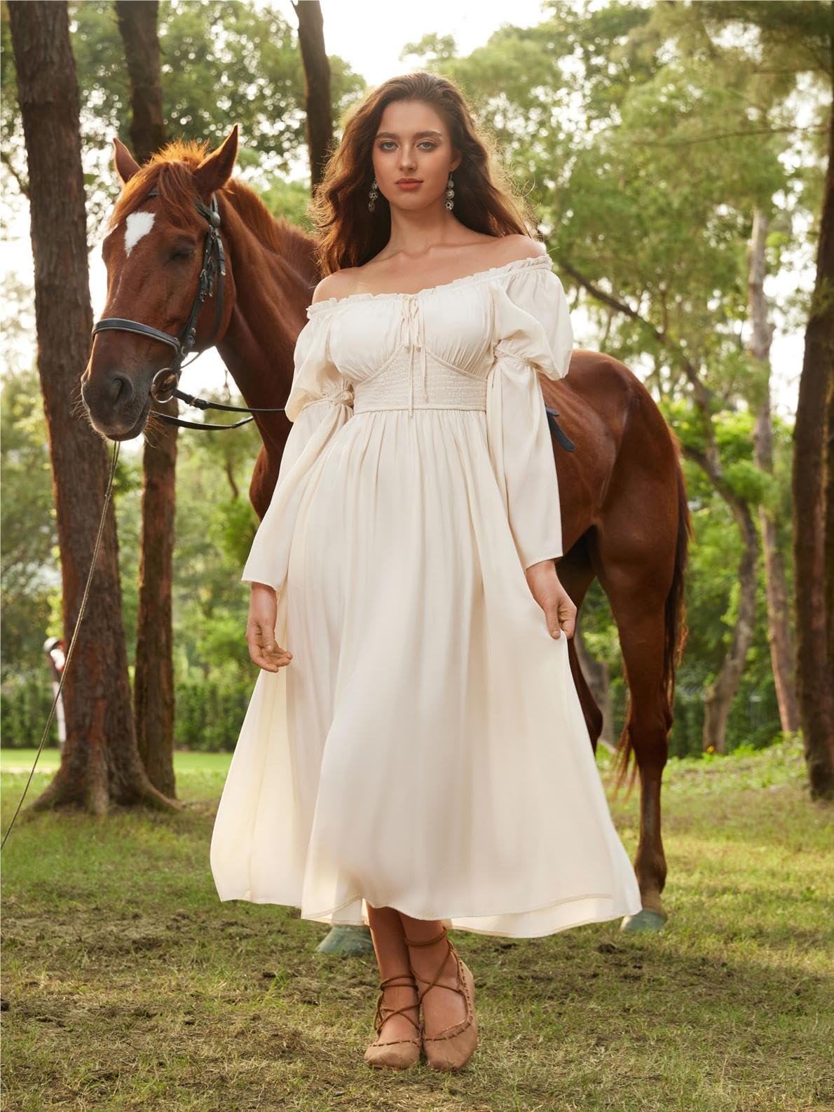 SCARLET DARKNESS Damen Renaissance Kleid Mittelalter Bauernkleid Schulterfrei Lange Glockenärmel Kleider