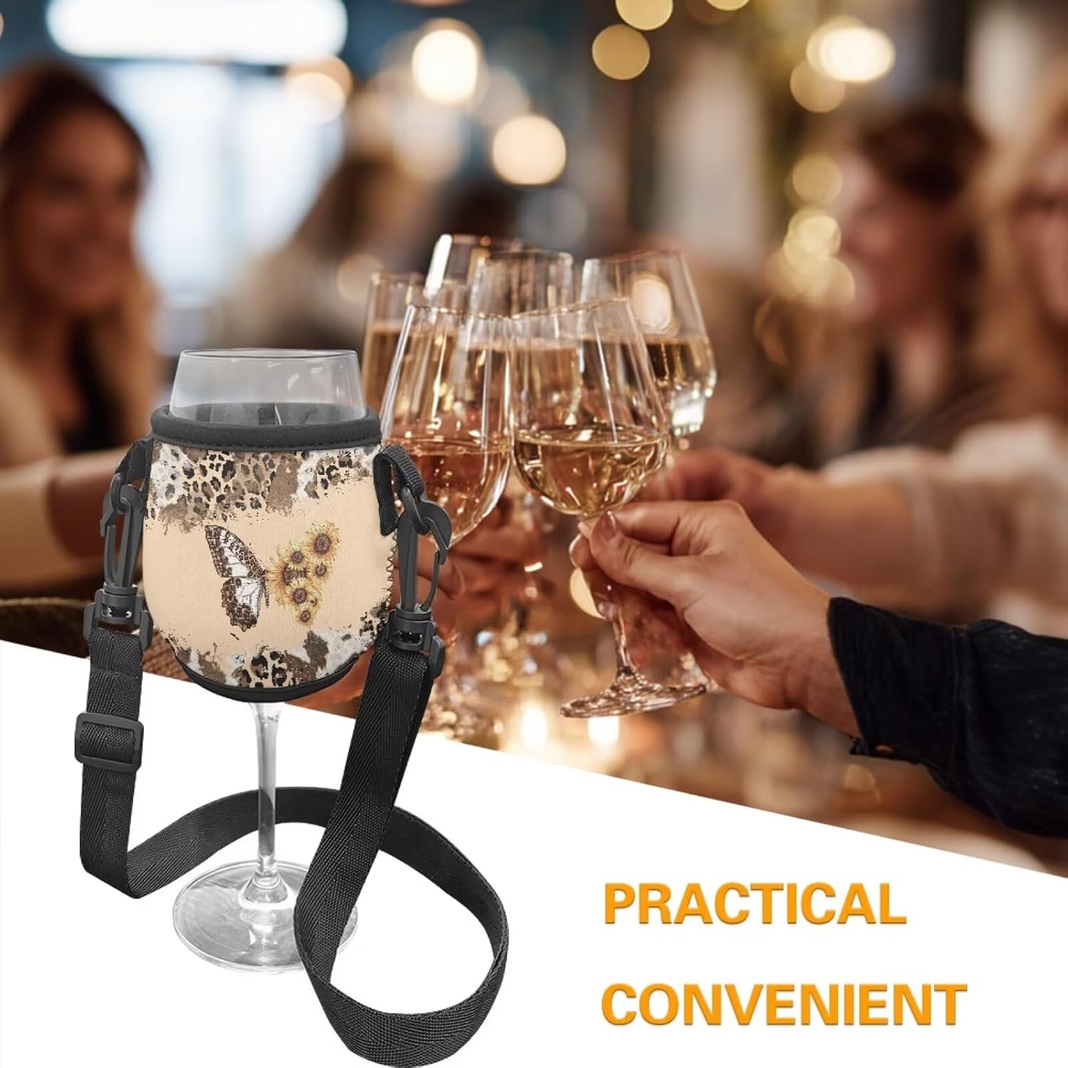 Leopard Sunflower Print Stemless Wine Glass Insulator Neoprene with Adjustable Strap Butterfly Pattern Portable Wine Glass Sleeve Necklace Hand Free Drink Holder for Cocktail Reception