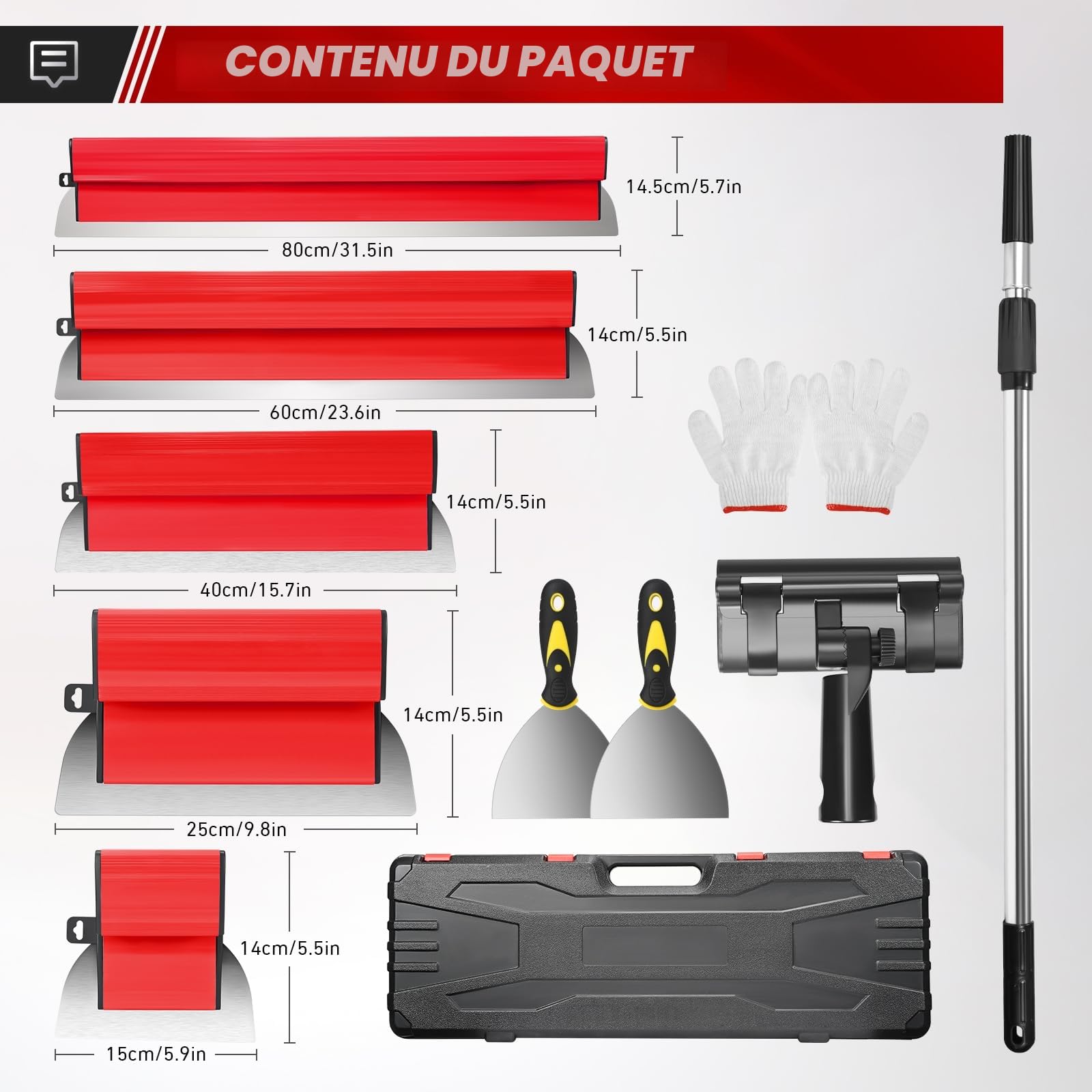 Kit de spatules de surface - Lames de mastic 15 cm, 25 cm, 40 cm, 60 cm et 80 cm + manche d'extension de 85 cm à 130 cm, couteau de construction en acier inoxydable