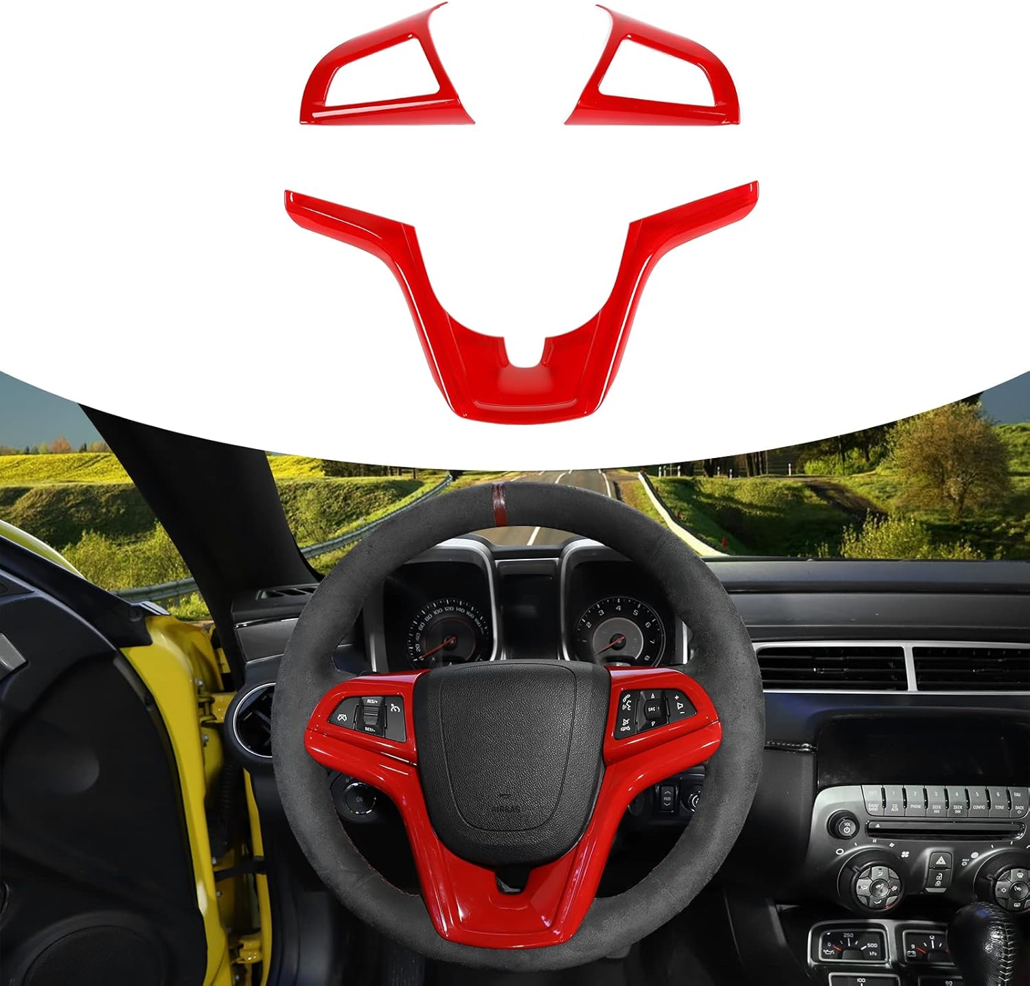 Jimen Compatible with 2012-2015 Chevrolet Camaro, 3PCS Steering Wheel Frame Cover Trim (Red)