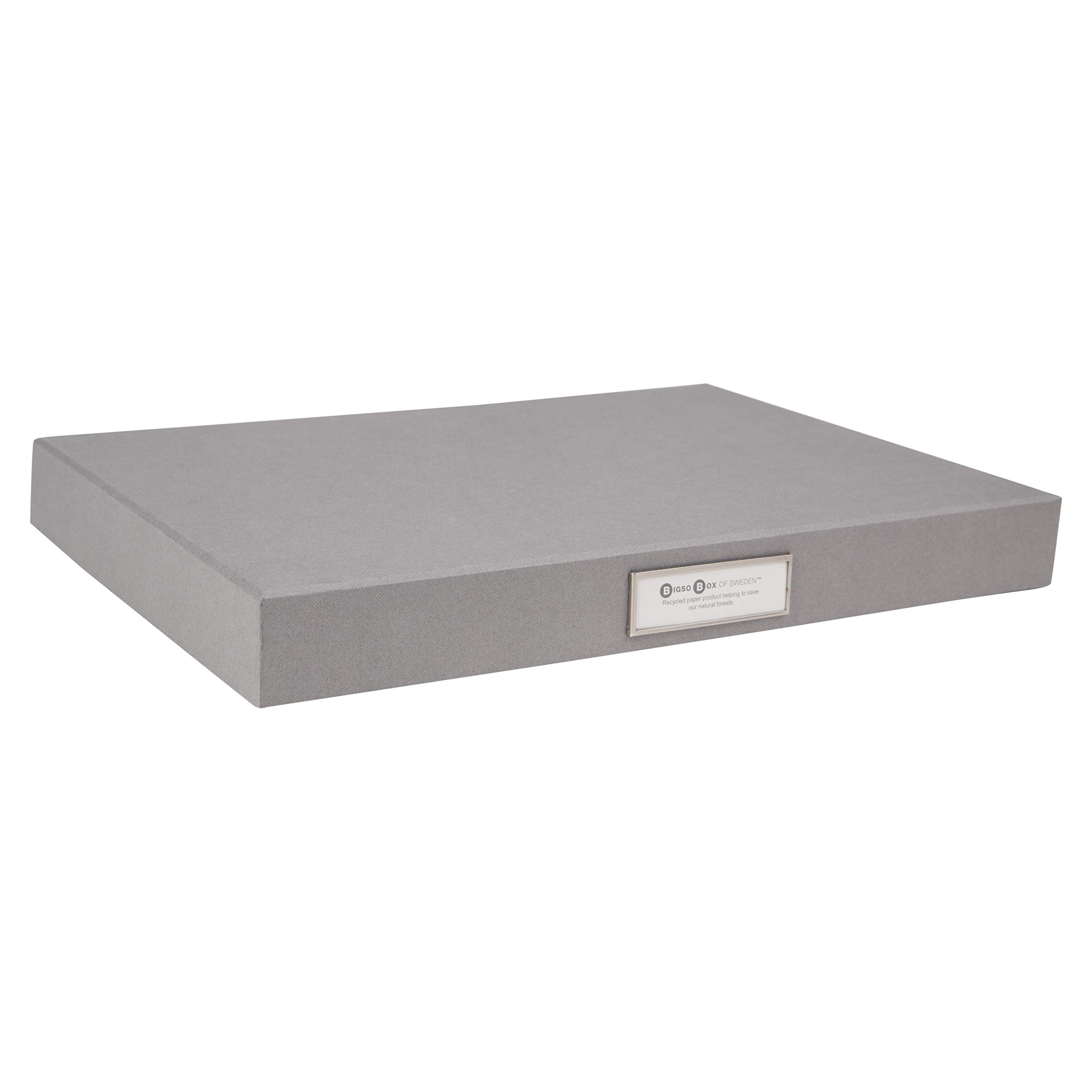 Bigso Sven Fiberboard Classic Hinged Document Box - File Organizer for Important Paperwork - Document Storage Box with Hinged Lid & Metal Label Window - 1.8 in x 13.2 in x 9.3 in - Grey