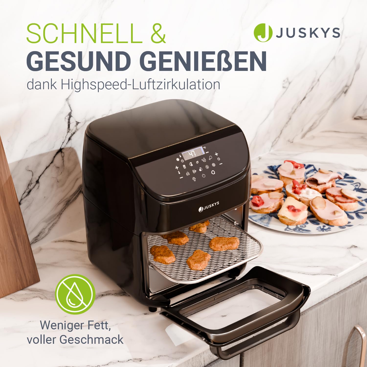 Juskys friggitrice ad aria 12L – nera, Airfryer con schermo LCD touch, 10 modalità, regolazione 25–200 °C & kit completo
