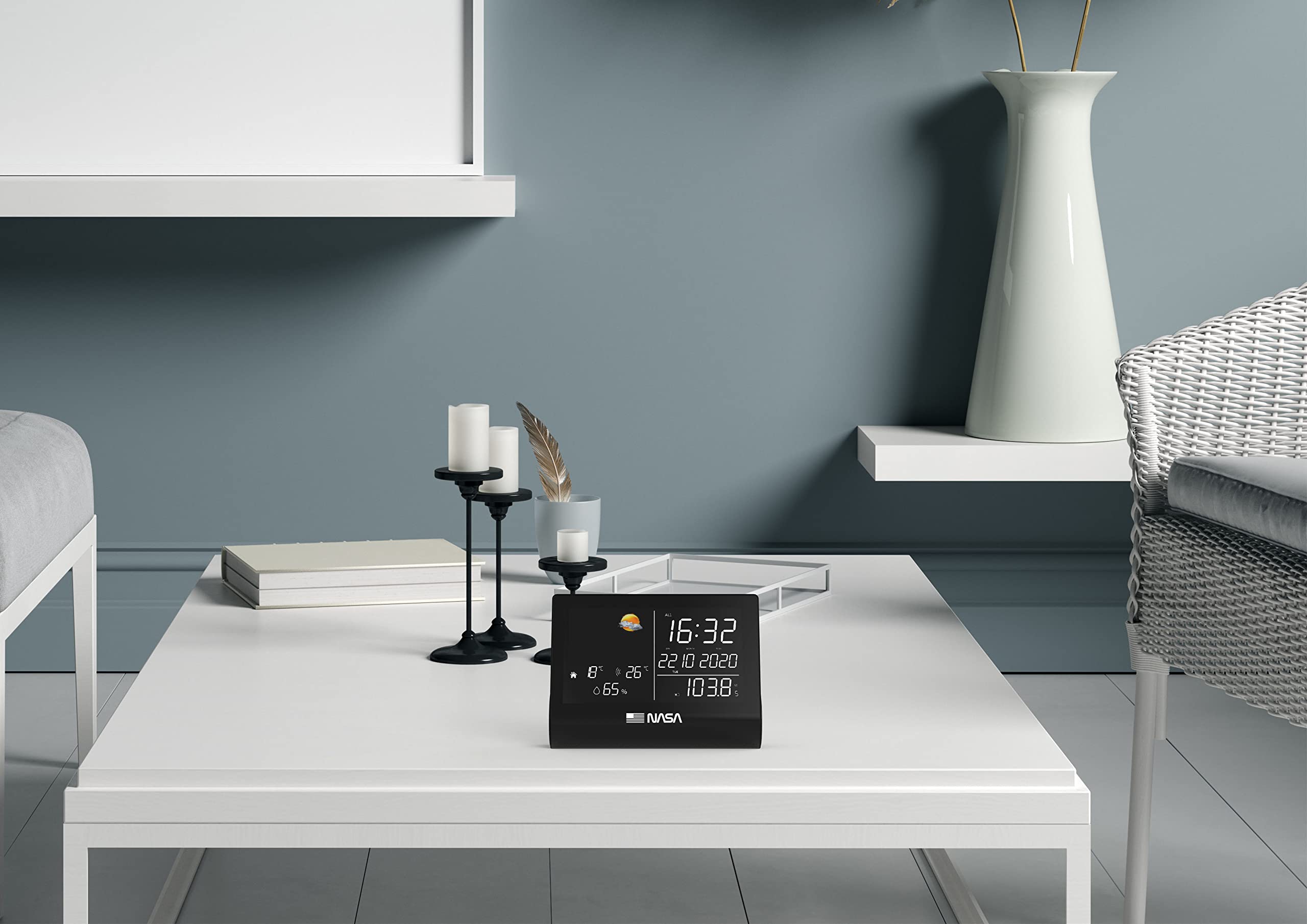 NASA WSP1300 - Stazione meteorologica interna - Altoparlante Bluetooth, Display LED da 6,4", Sensore wireless per esterni Temperaturae e Umidità, Radio FM, Sveglia, Calendario - Nero